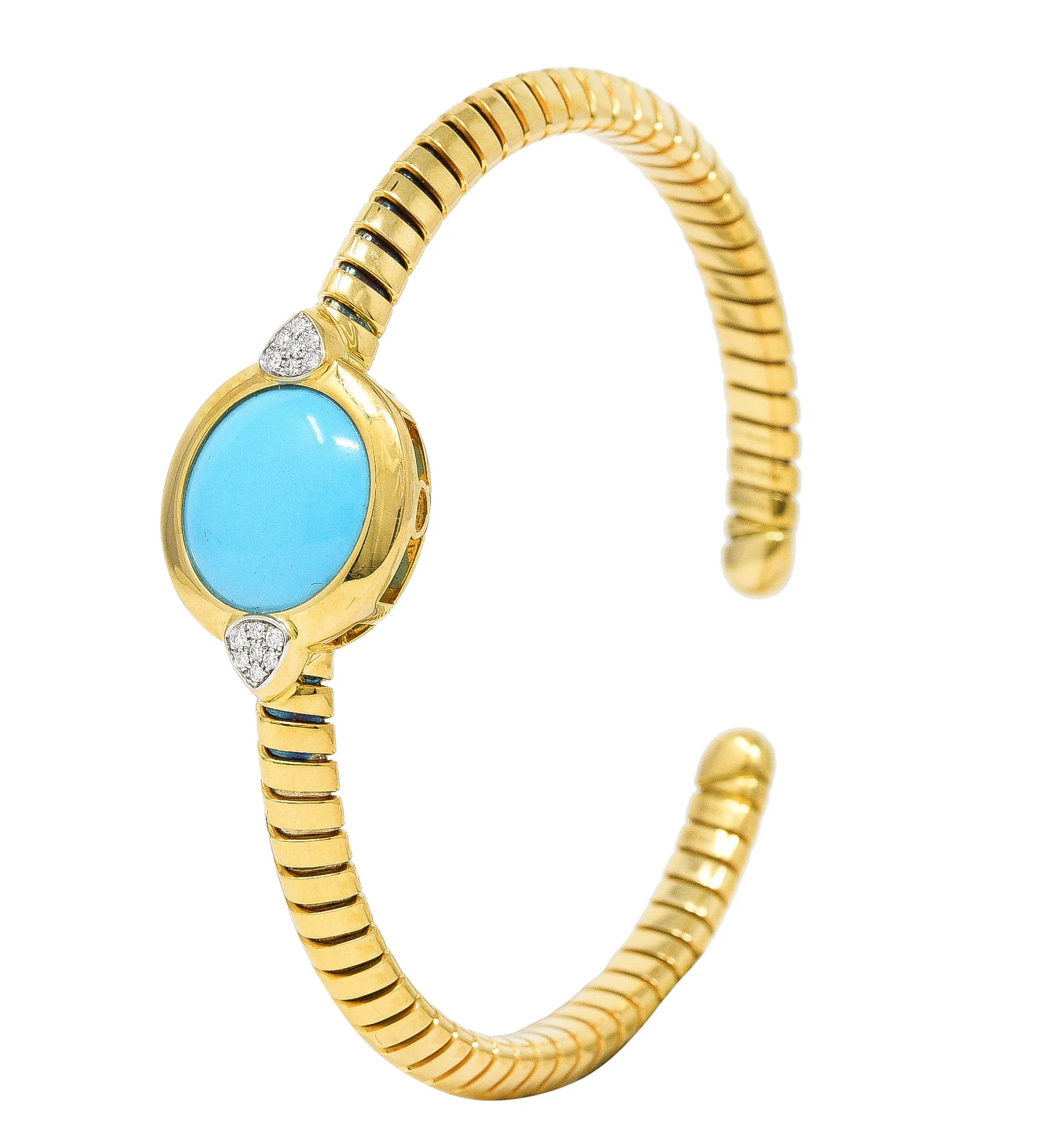 Marina B. Contemporary Diamond Turquoise Platinum 18 Karat Yellow Gold Soleil Vintage Tubogas Cuff - Image 8