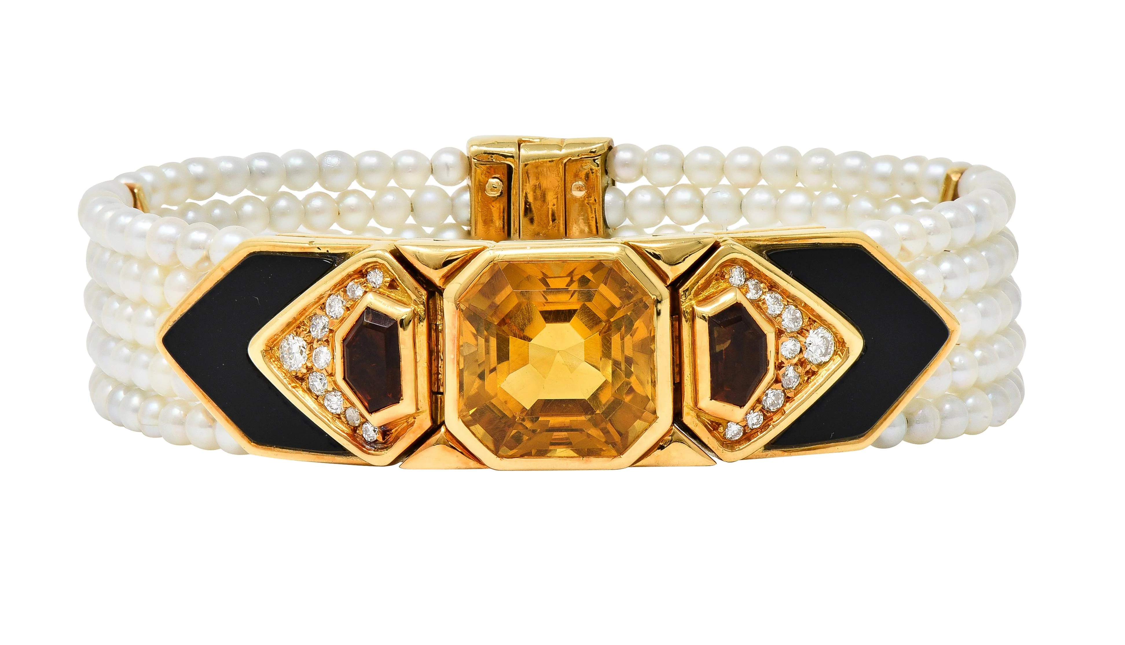 Marina B. French 1986 Citrine Diamond Onyx Pearl 18 Karat Gold Station Bracelet - Image 3