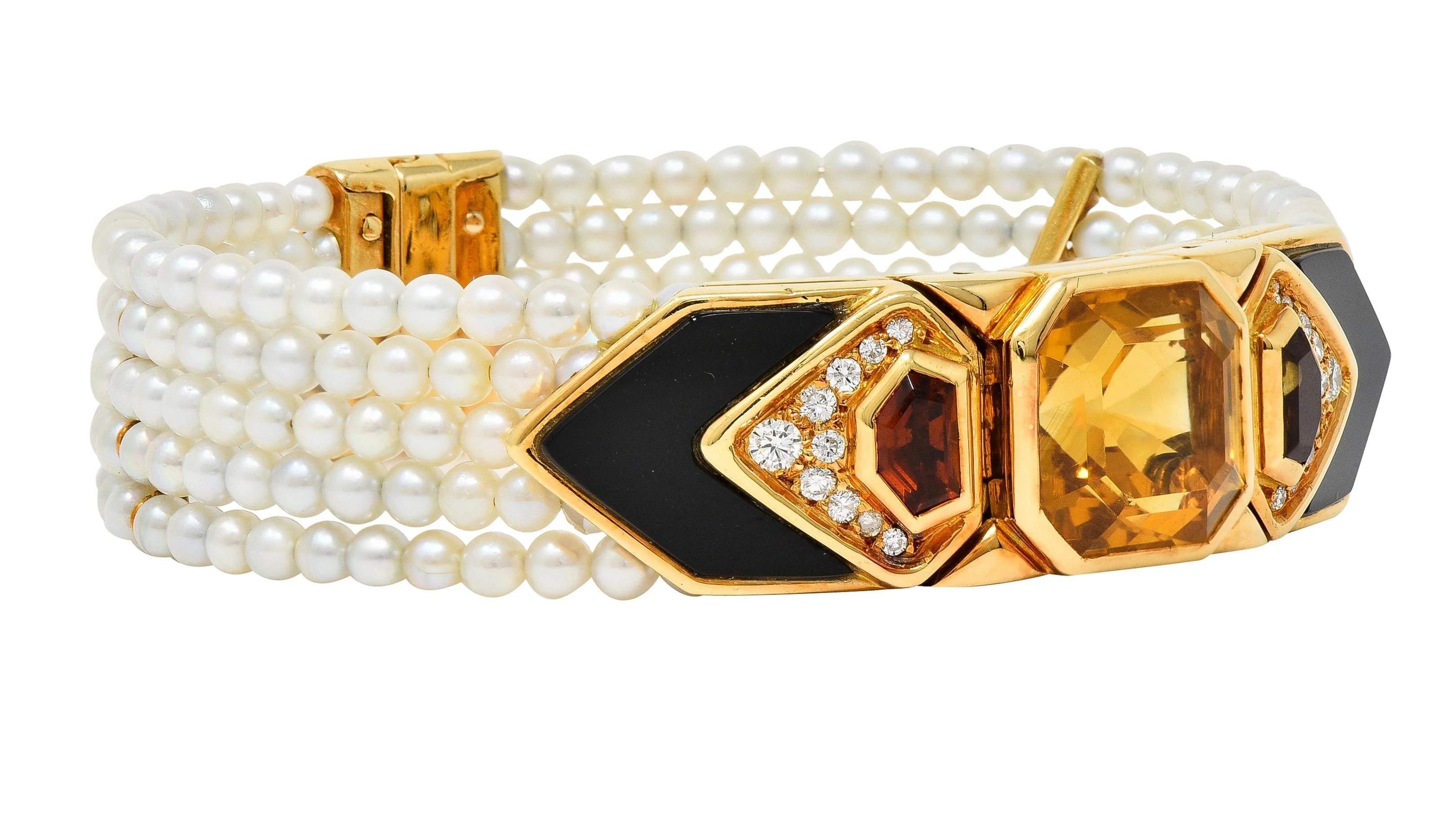 Marina B. French 1986 Citrine Diamond Onyx Pearl 18 Karat Gold Station Bracelet - Image 4
