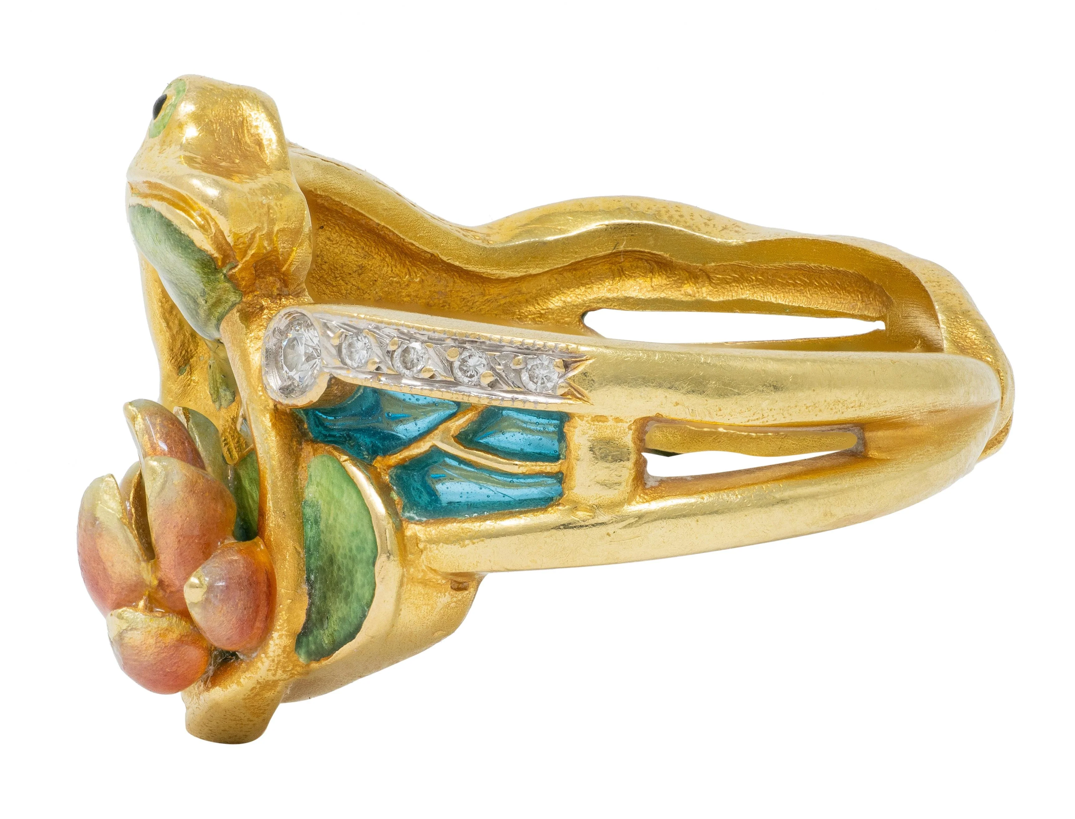 Masriera Contemporary Diamond Enamel 18 Karat Yellow Gold Platinum Frog Water Lily Ring - Image 4