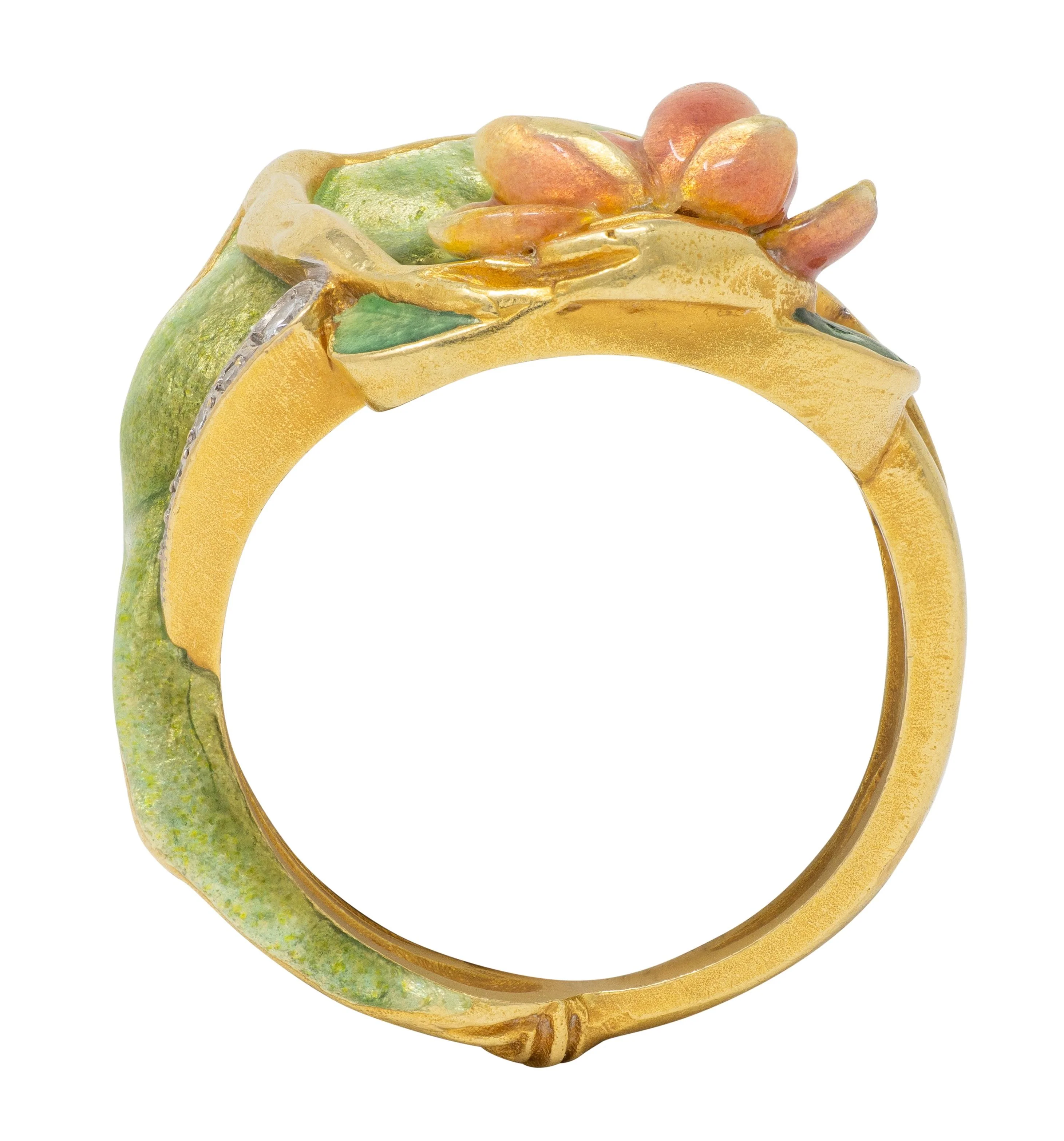 Masriera Contemporary Diamond Enamel 18 Karat Yellow Gold Platinum Frog Water Lily Ring - Image 7