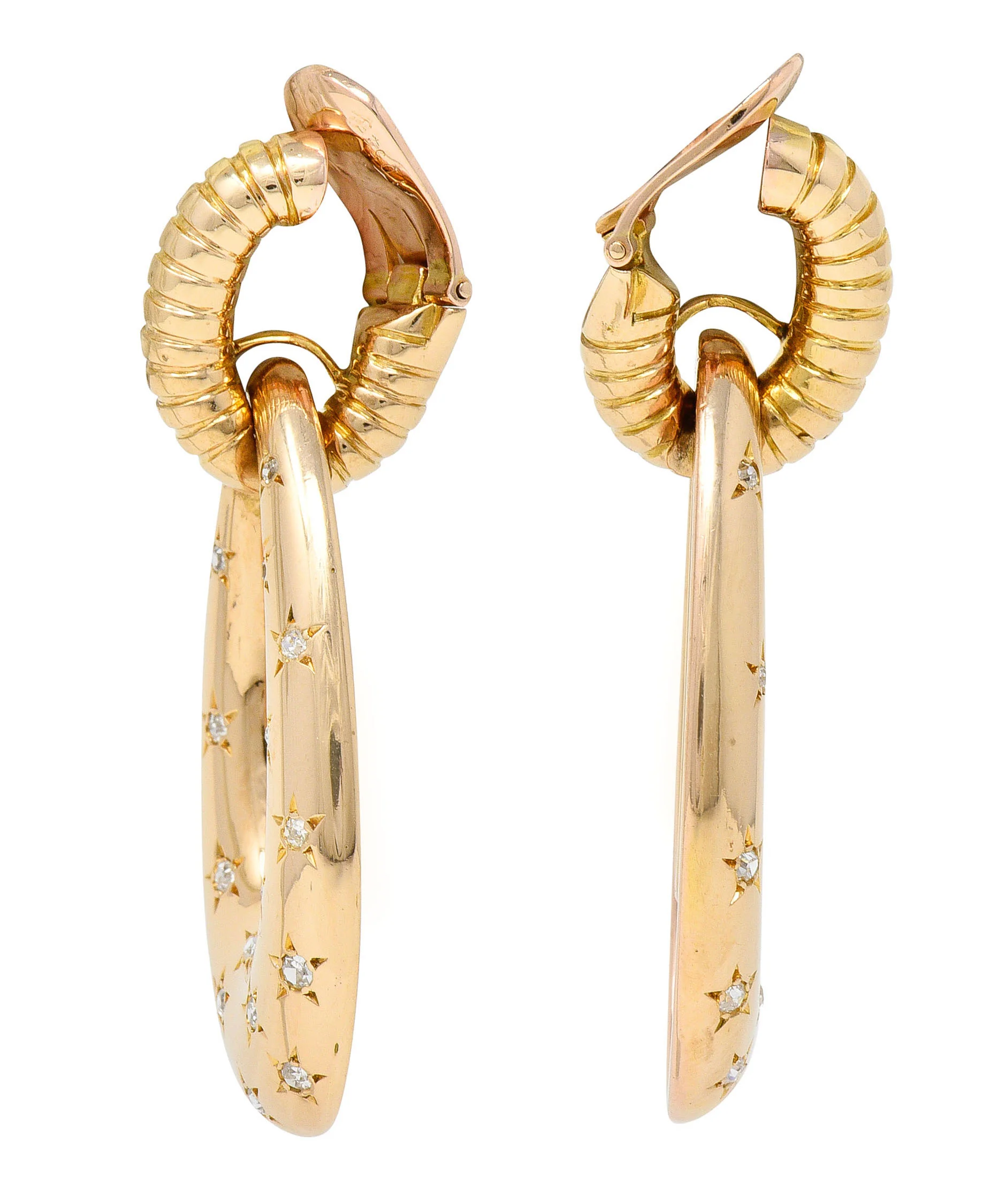 Mauboussin Paris Retro 1.10 CTW Diamond 18 Karat Rose Gold Star Gaspipe Vintage Ear-Clip Doorknocker Earrings - Image 2