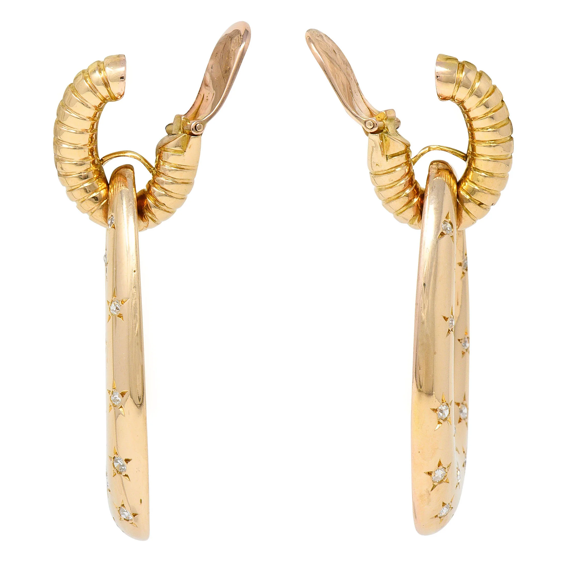 Mauboussin Paris Retro 1.10 CTW Diamond 18 Karat Rose Gold Star Gaspipe Vintage Ear-Clip Doorknocker Earrings - Image 4