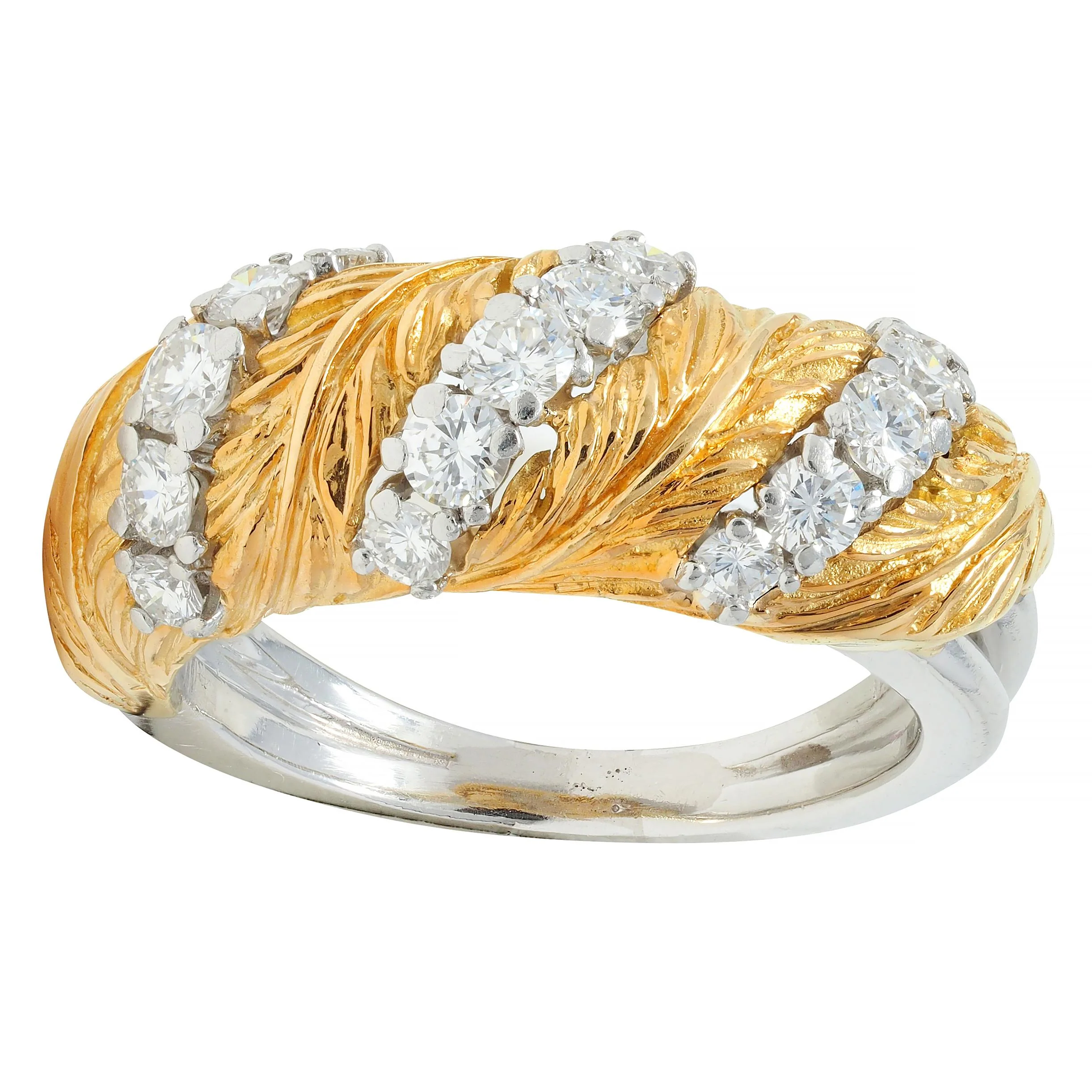 McTeigue & Co. 1950's Diamond Platinum 18 Karat Gold Vintage Feather Band Ring - Image 8