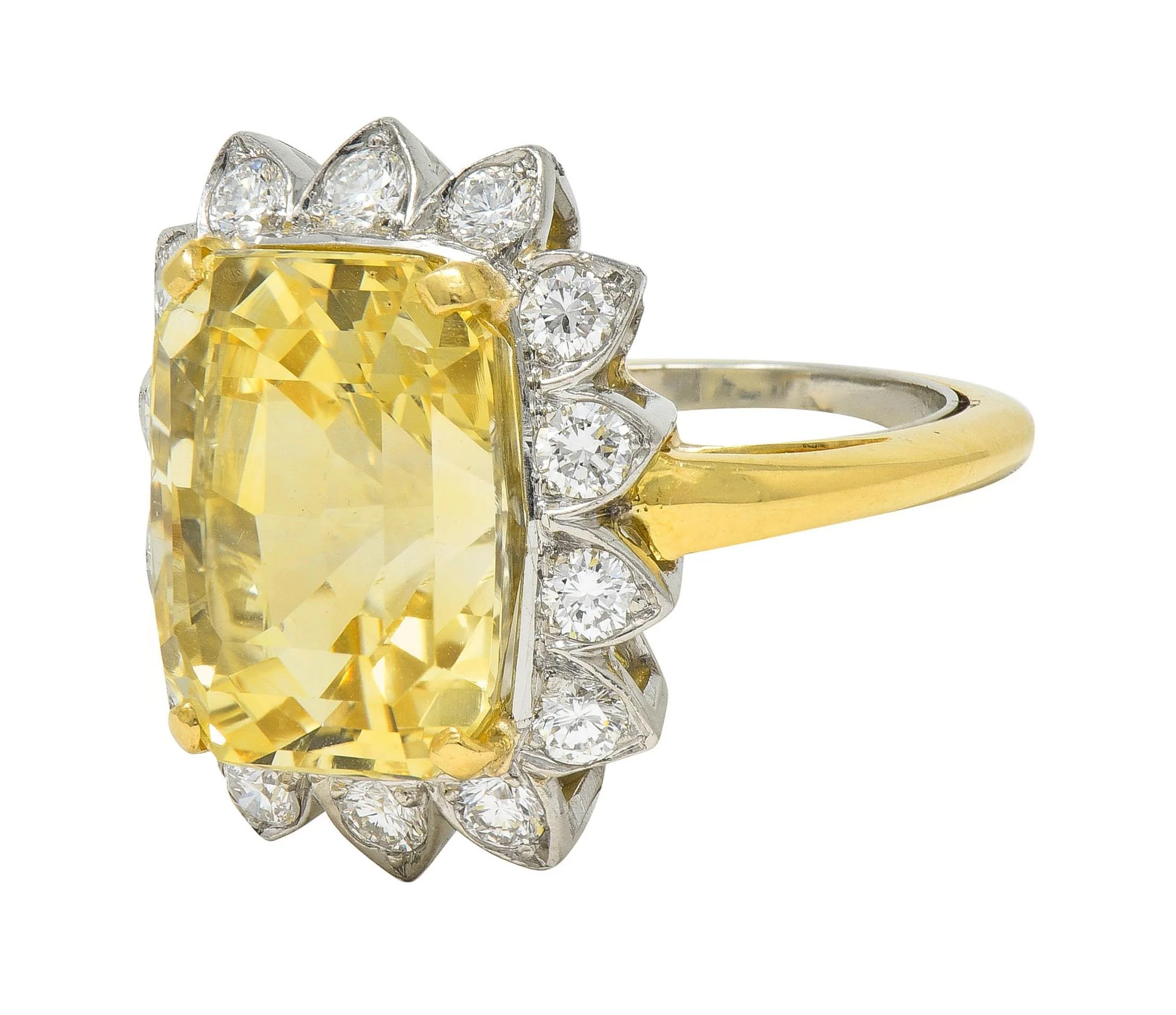 McTeigue & Co. Mid-Century 17.73 CTW No Heat Yellow Ceylon Sapphire Diamond Platinum 18 Karat Gold Halo Ring GIA - Image 6