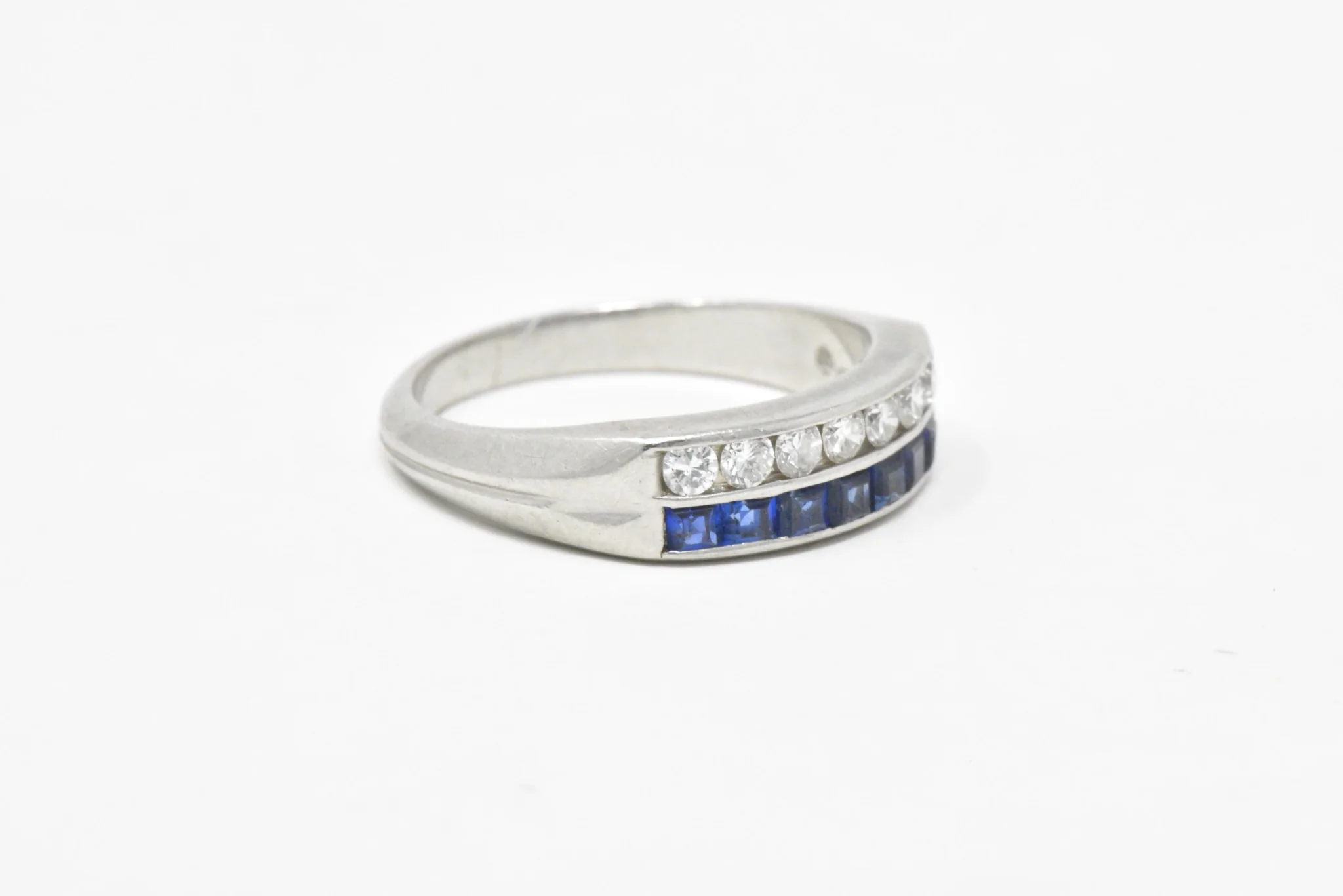 McTeigue & Co. Platinum Diamond & Blue Sapphire Ring Vintage Wedding Band - Image 4