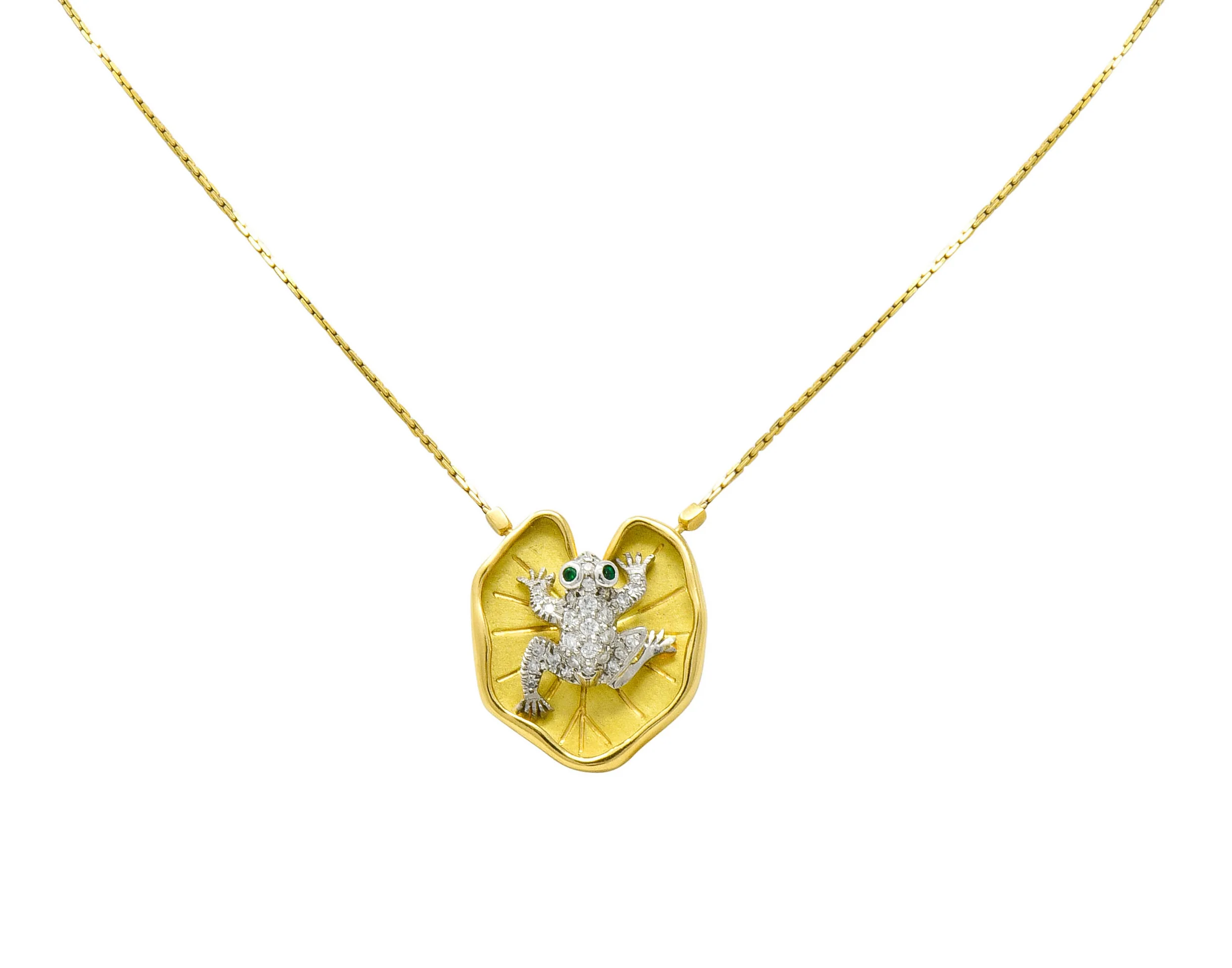 McTeigue Diamond Emerald Platinum 18 Karat Gold Lily Pad Frog Necklace - Image 10