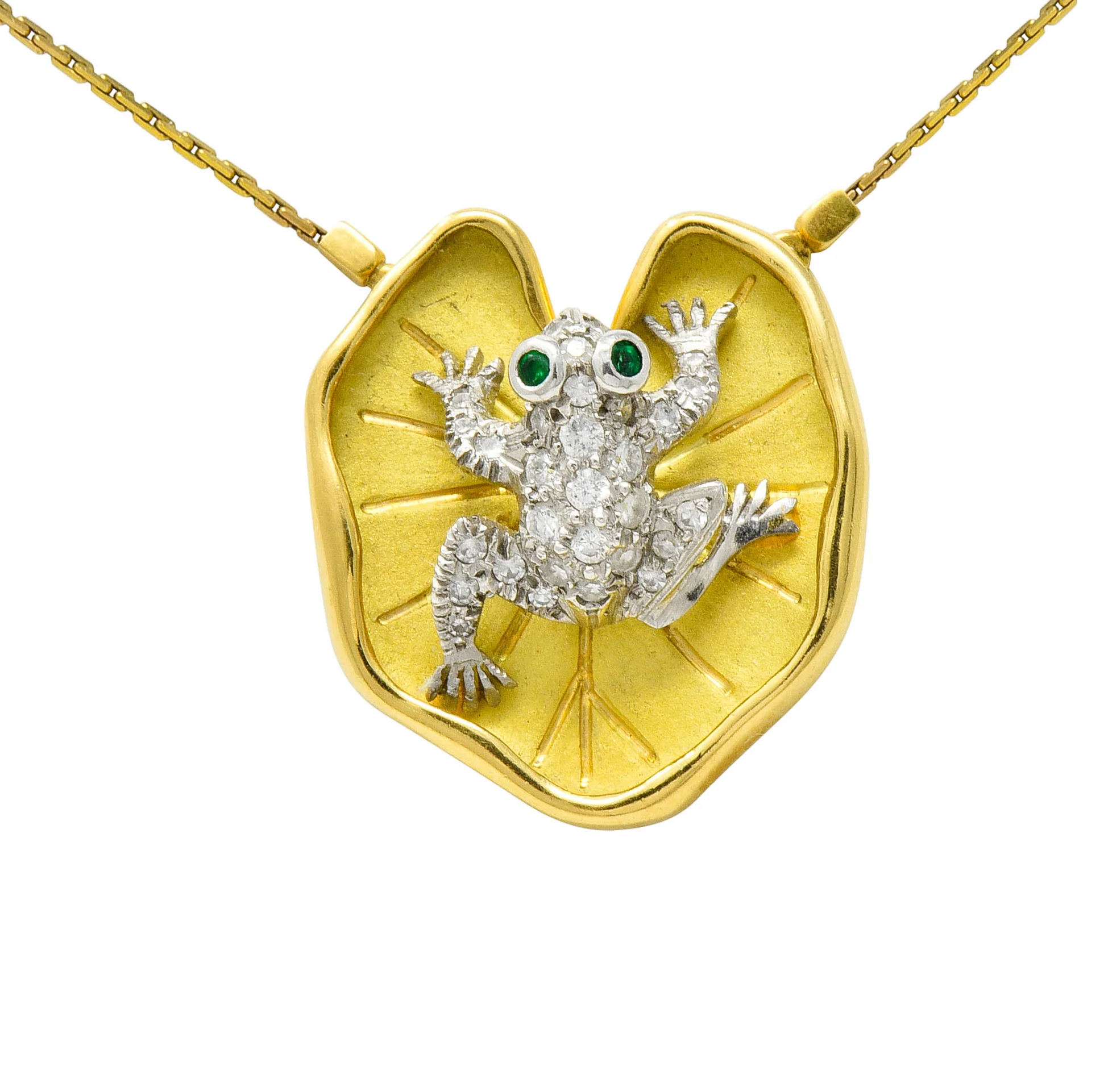 McTeigue Diamond Emerald Platinum 18 Karat Gold Lily Pad Frog Necklace - Image 7