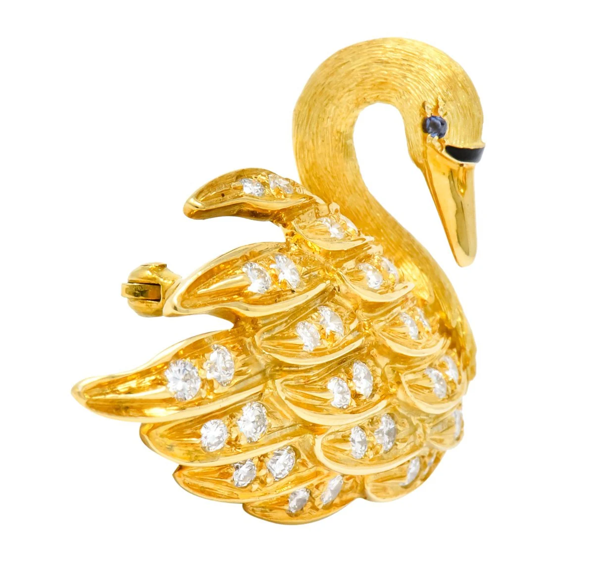 McTeigue Diamond Sapphire Enamel 18 Karat Yellow Gold Swan Brooch - Image 2