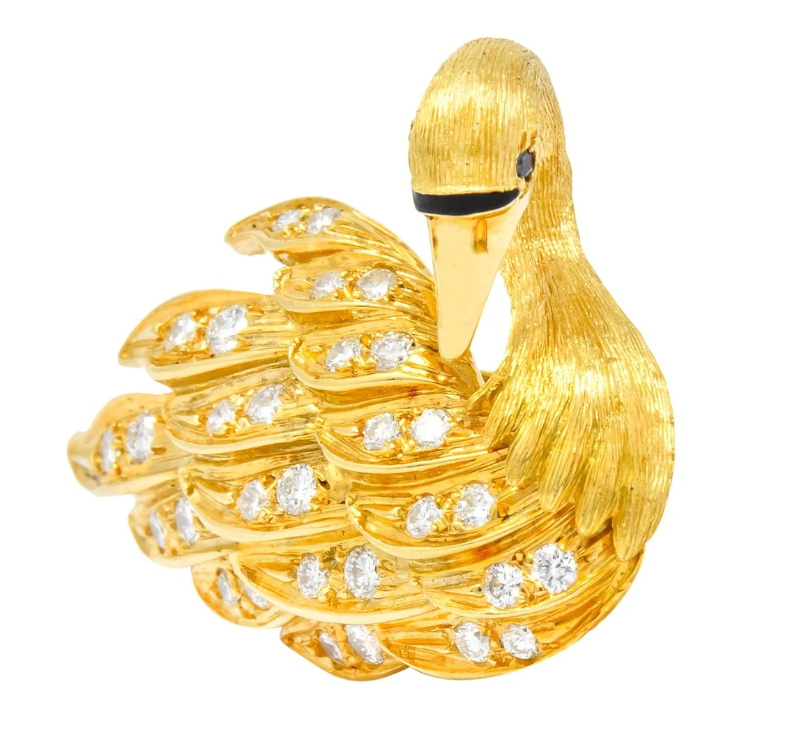 McTeigue Diamond Sapphire Enamel 18 Karat Yellow Gold Swan Brooch - Image 3