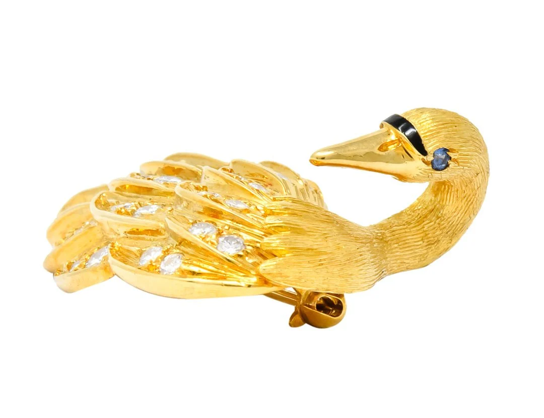 McTeigue Diamond Sapphire Enamel 18 Karat Yellow Gold Swan Brooch - Image 7