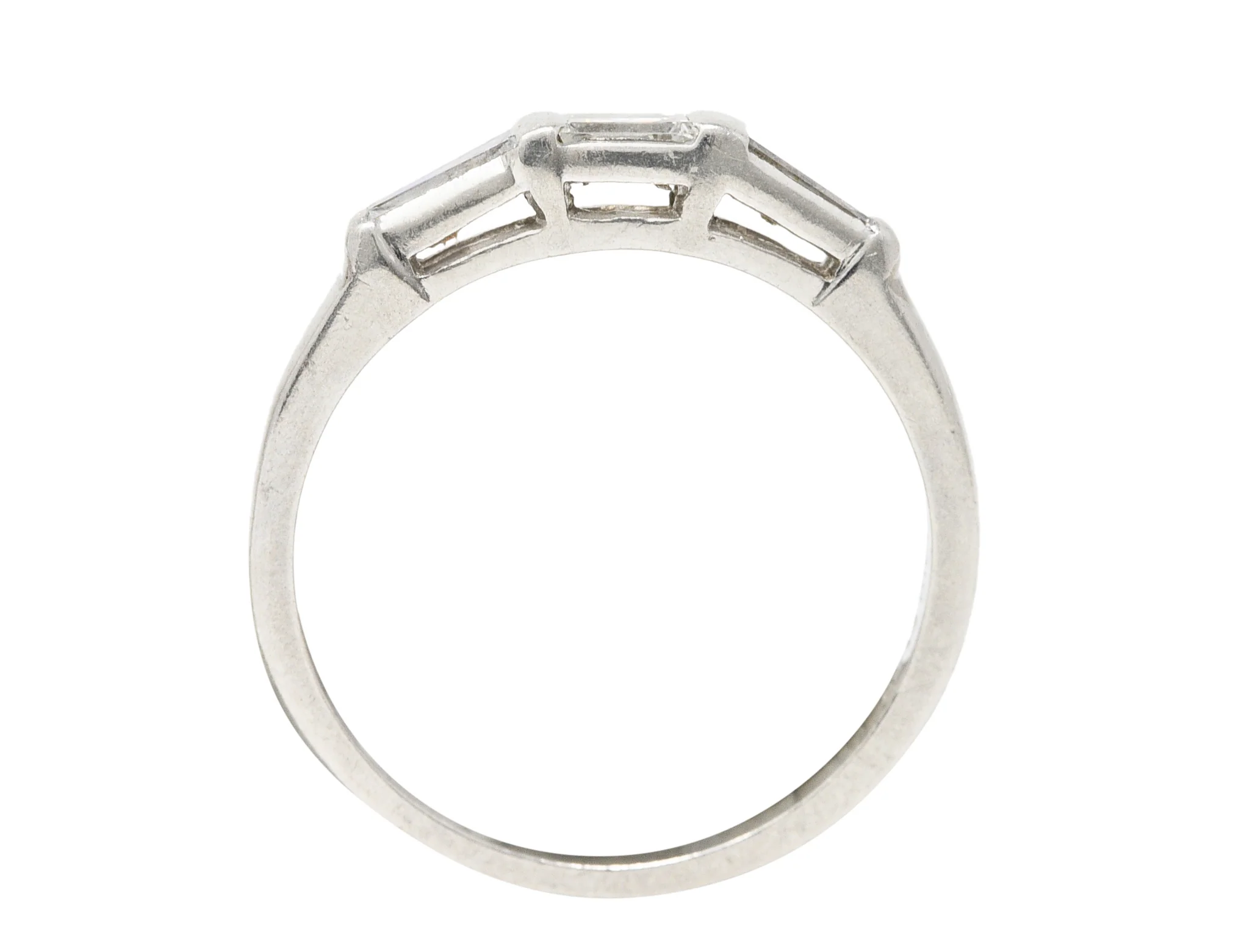 Mid-Century 0.31 CTW Baguette Diamond Platinum Three Stone Wedding Band Ring - Image 8