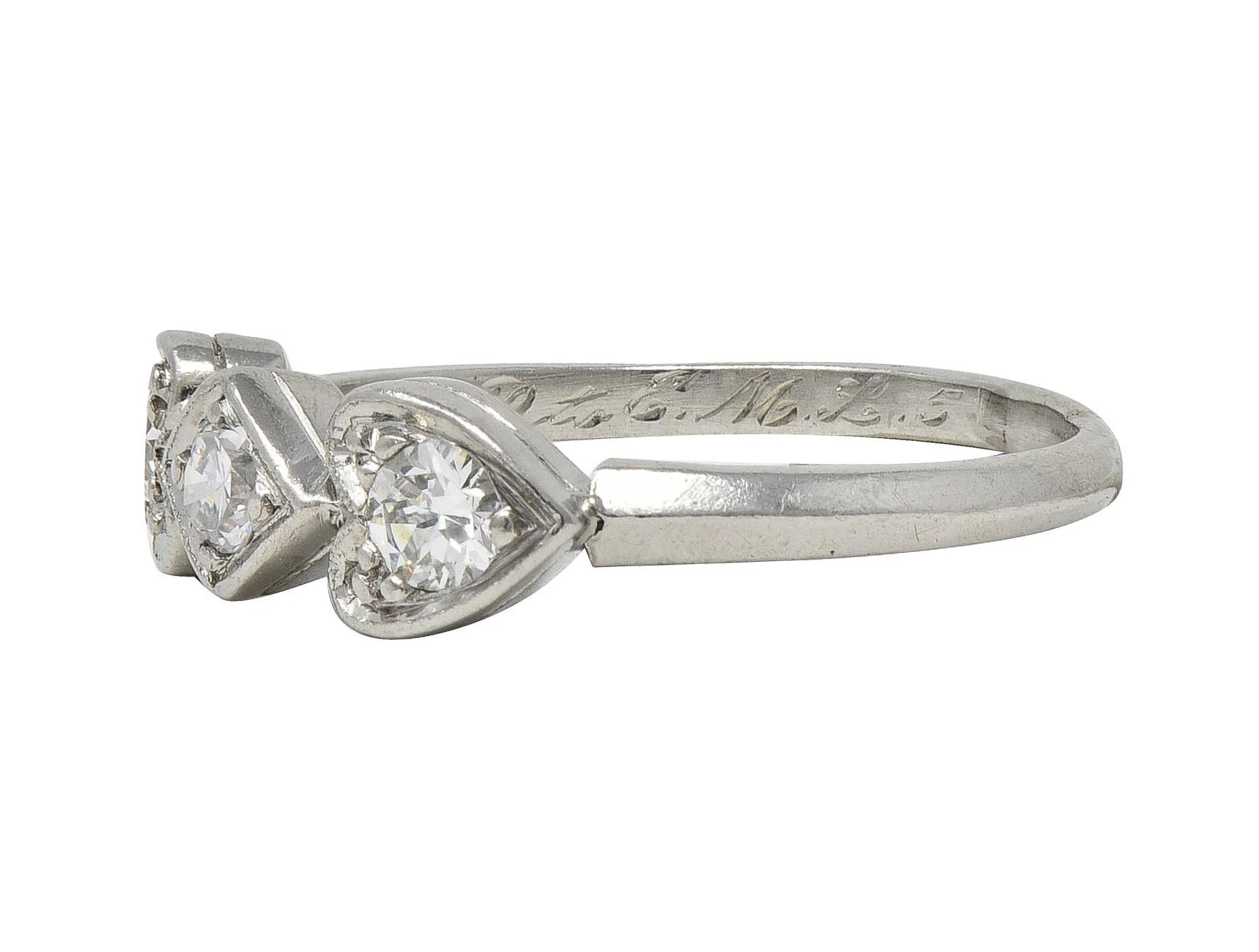 Mid-Century 0.32 CTW Diamond Platinum Heart Three Stone Vintage Band Ring - Image 5