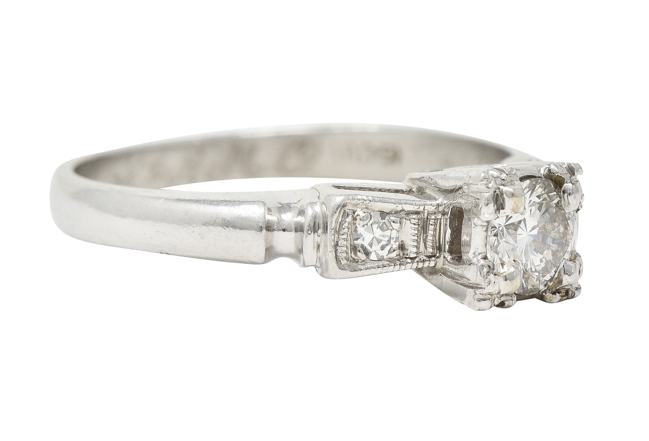 Mid-Century 0.40 CTW Transitional Cut Diamond Platinum Bow Vintage Engagement Ring - Image 2