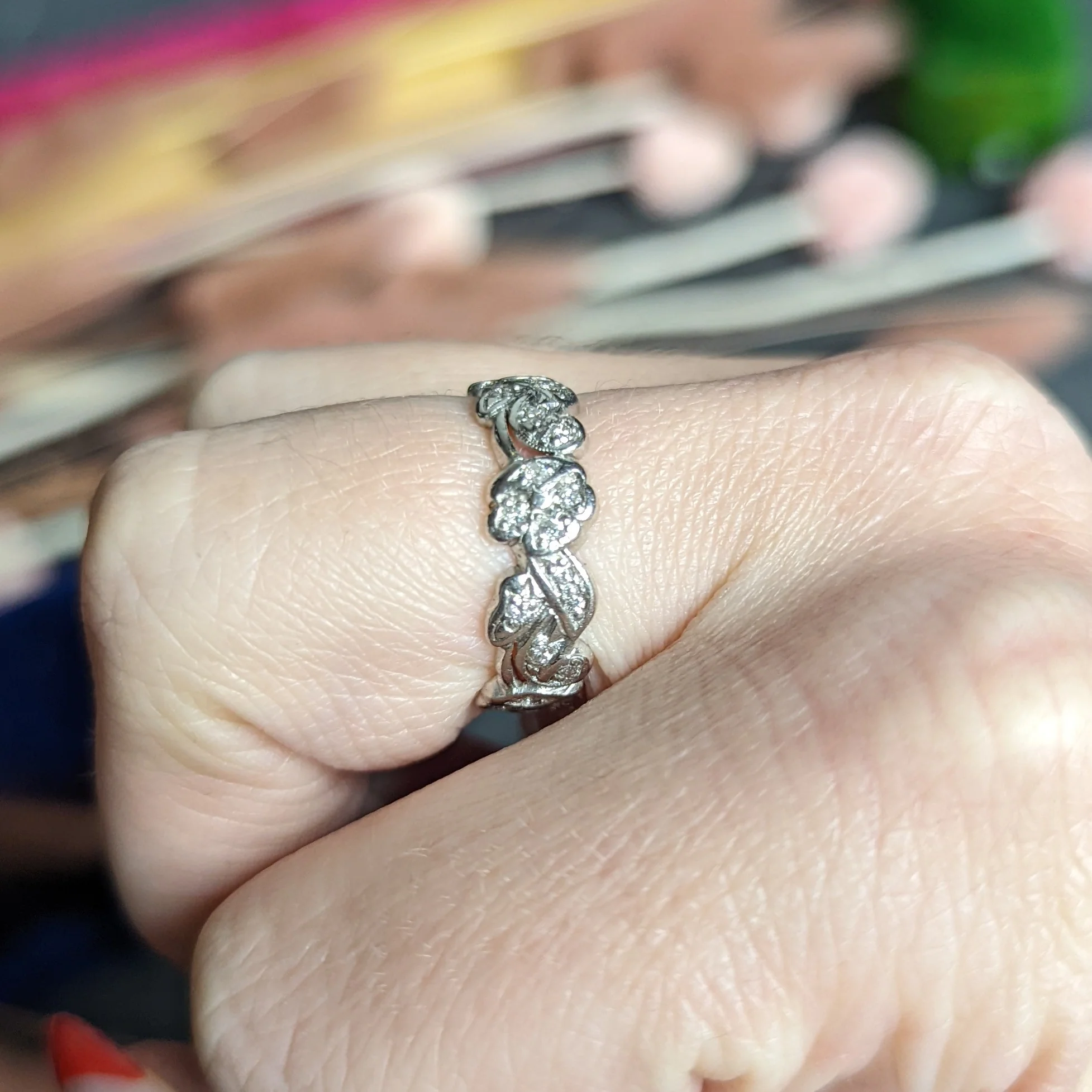 Mid-Century 0.55 CTW Diamond Platinum Floral Eternity Band Ring - Image 8