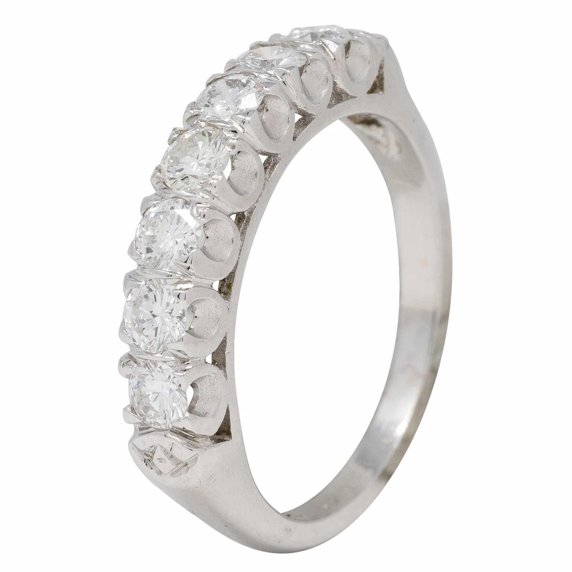 Mid-Century 0.70 CTW Diamond 14 Karat White Gold Fishtail Vintage Band Ring - Image 9