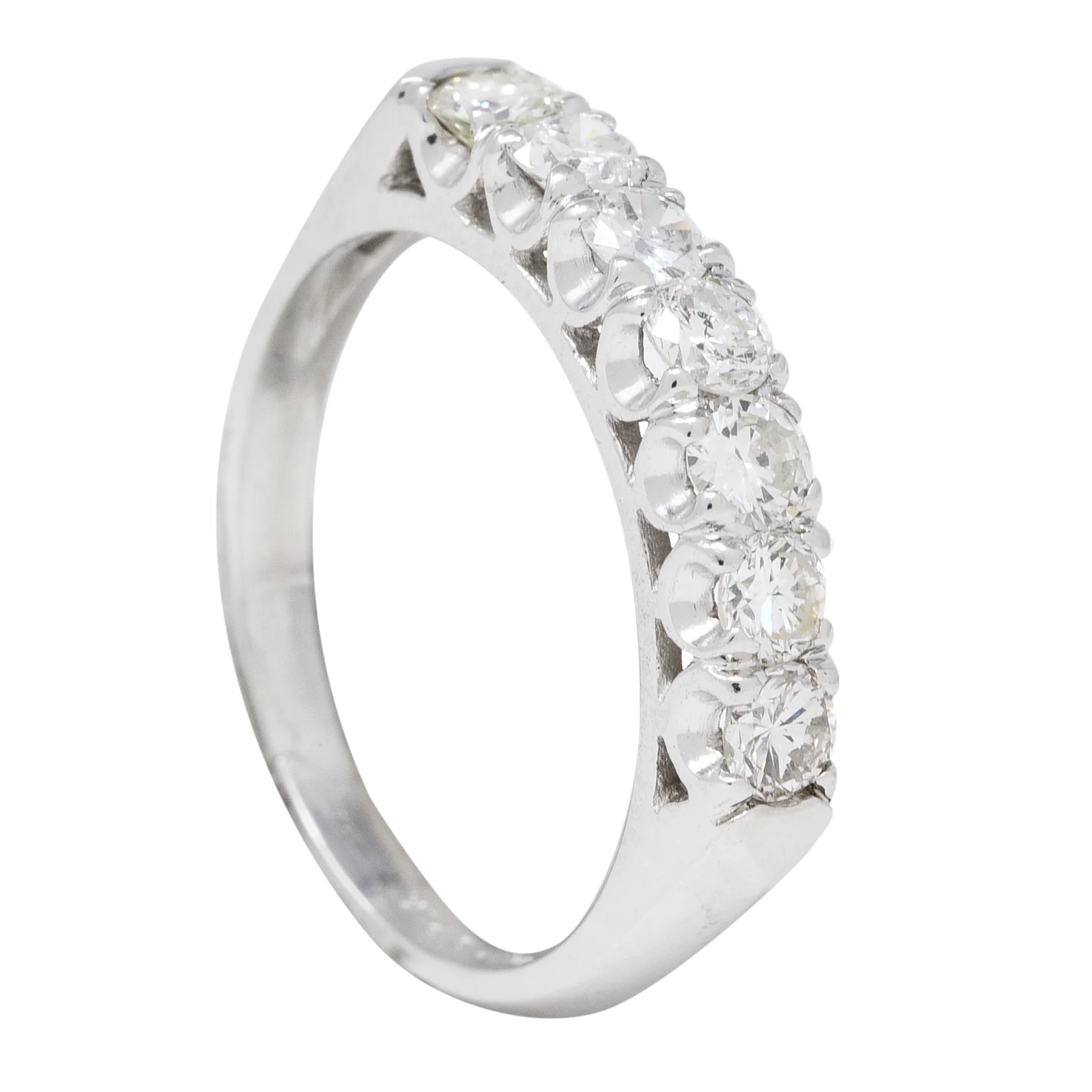 Mid-Century 0.70 CTW Diamond Platinum Seven Stone Vintage Fishtail Band Ring - Image 10