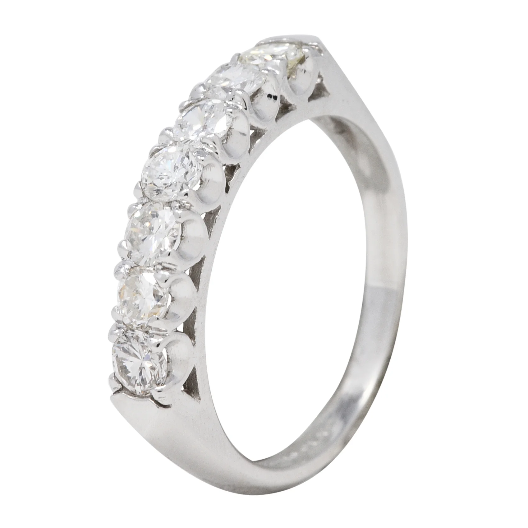 Mid-Century 0.70 CTW Diamond Platinum Seven Stone Vintage Fishtail Band Ring - Image 11