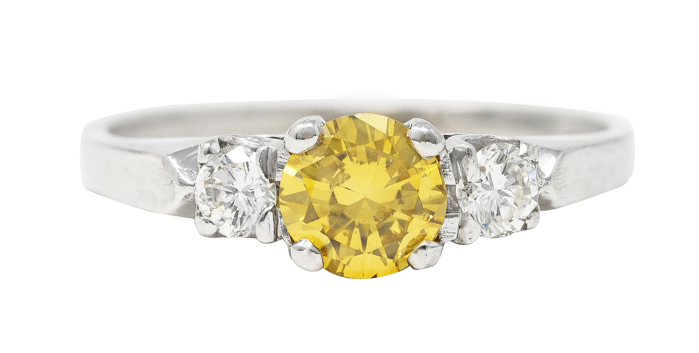 Mid-Century 0.74 CTW Fancy Yellow Transitional Cut Diamond Three Stone Platinum Vintage Engagement Ring GIA