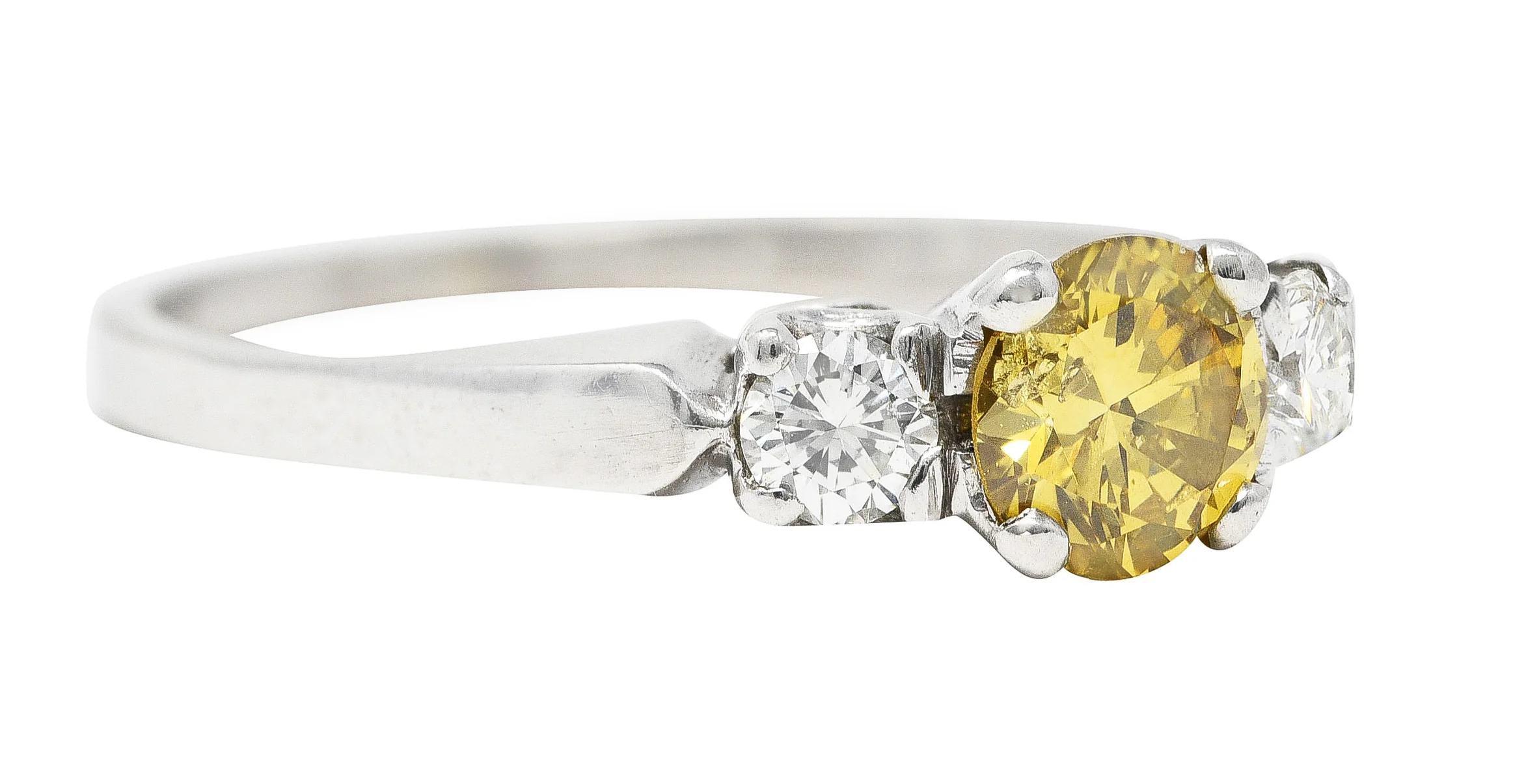 Mid-Century 0.74 CTW Fancy Yellow Transitional Cut Diamond Three Stone Platinum Vintage Engagement Ring GIA - Image 2