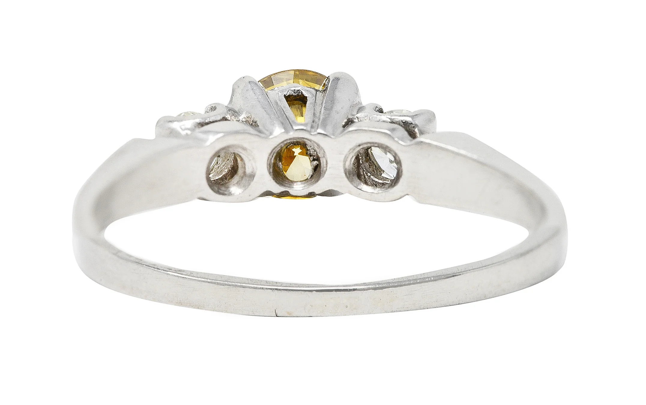 Mid-Century 0.74 CTW Fancy Yellow Transitional Cut Diamond Three Stone Platinum Vintage Engagement Ring GIA - Image 4