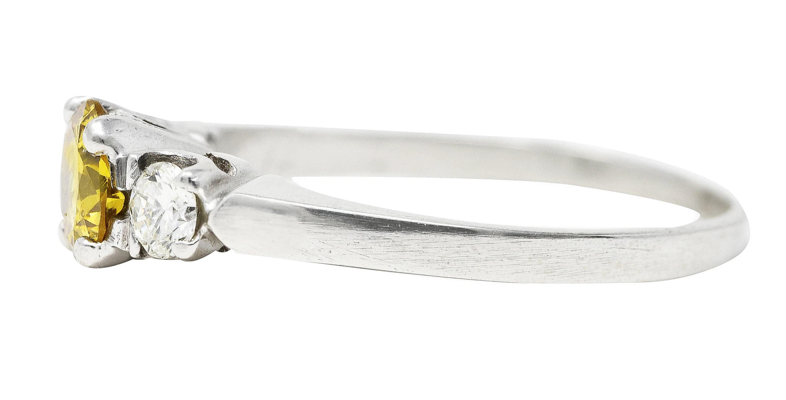 Mid-Century 0.74 CTW Fancy Yellow Transitional Cut Diamond Three Stone Platinum Vintage Engagement Ring GIA - Image 5