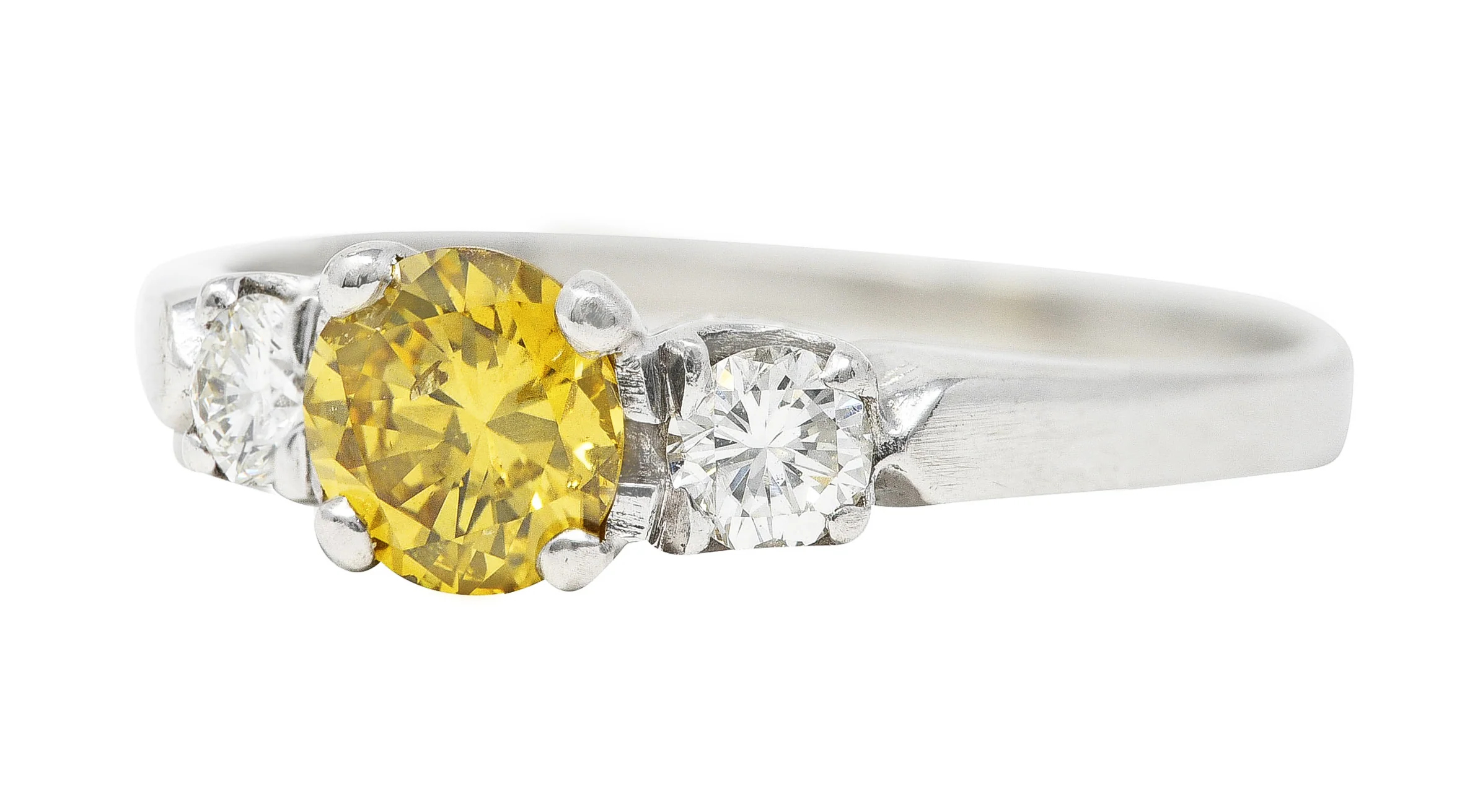 Mid-Century 0.74 CTW Fancy Yellow Transitional Cut Diamond Three Stone Platinum Vintage Engagement Ring GIA - Image 6