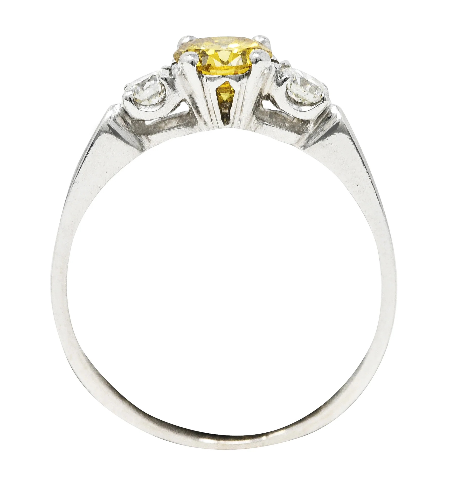 Mid-Century 0.74 CTW Fancy Yellow Transitional Cut Diamond Three Stone Platinum Vintage Engagement Ring GIA - Image 8