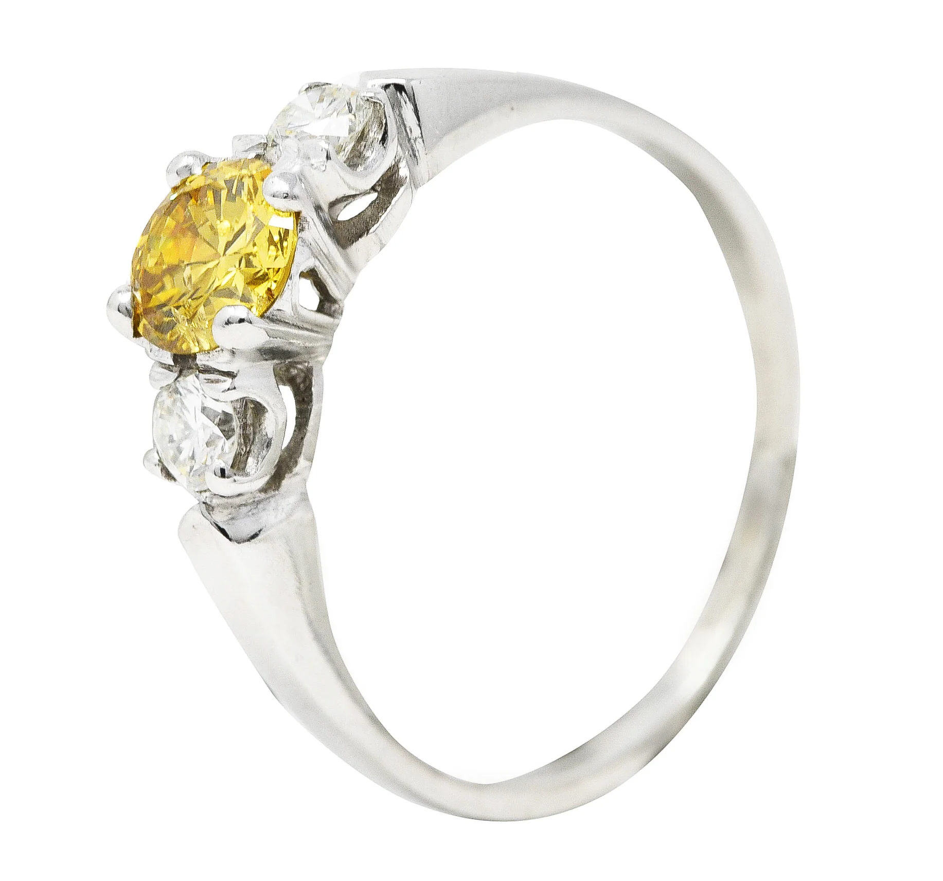 Mid-Century 0.74 CTW Fancy Yellow Transitional Cut Diamond Three Stone Platinum Vintage Engagement Ring GIA - Image 9