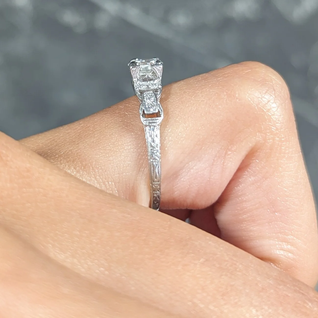 Mid-Century 0.75 CTW Diamond Platinum Buckle Square Form Vintage Engagement Ring - Image 12