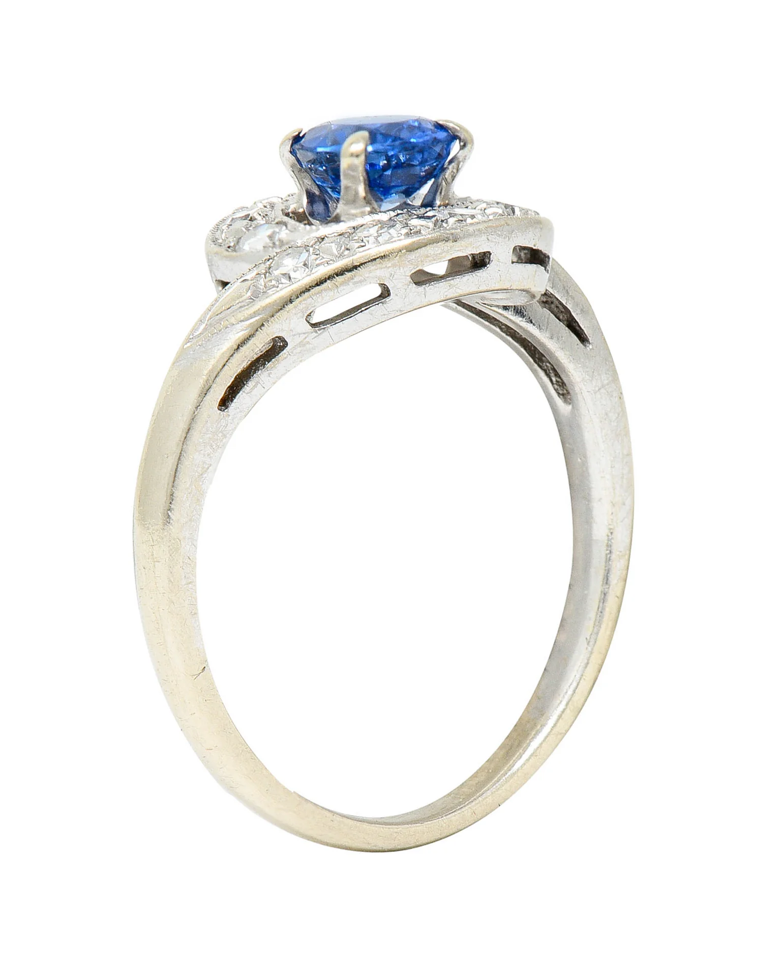 Mid-Century 0.75 CTW Sapphire Diamond 14 Karat White Gold Bypass Ring - Image 10