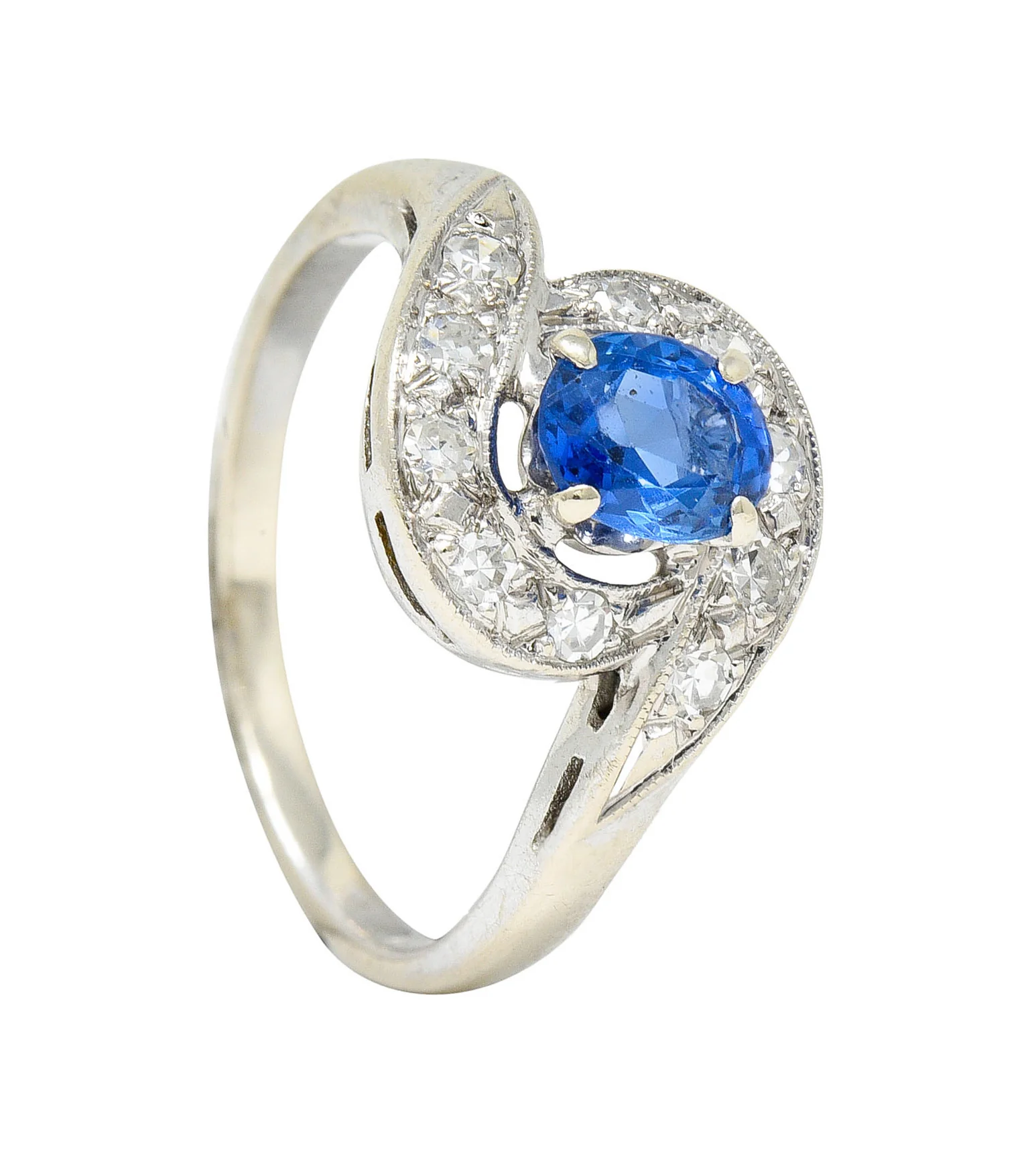 Mid-Century 0.75 CTW Sapphire Diamond 14 Karat White Gold Bypass Ring - Image 11