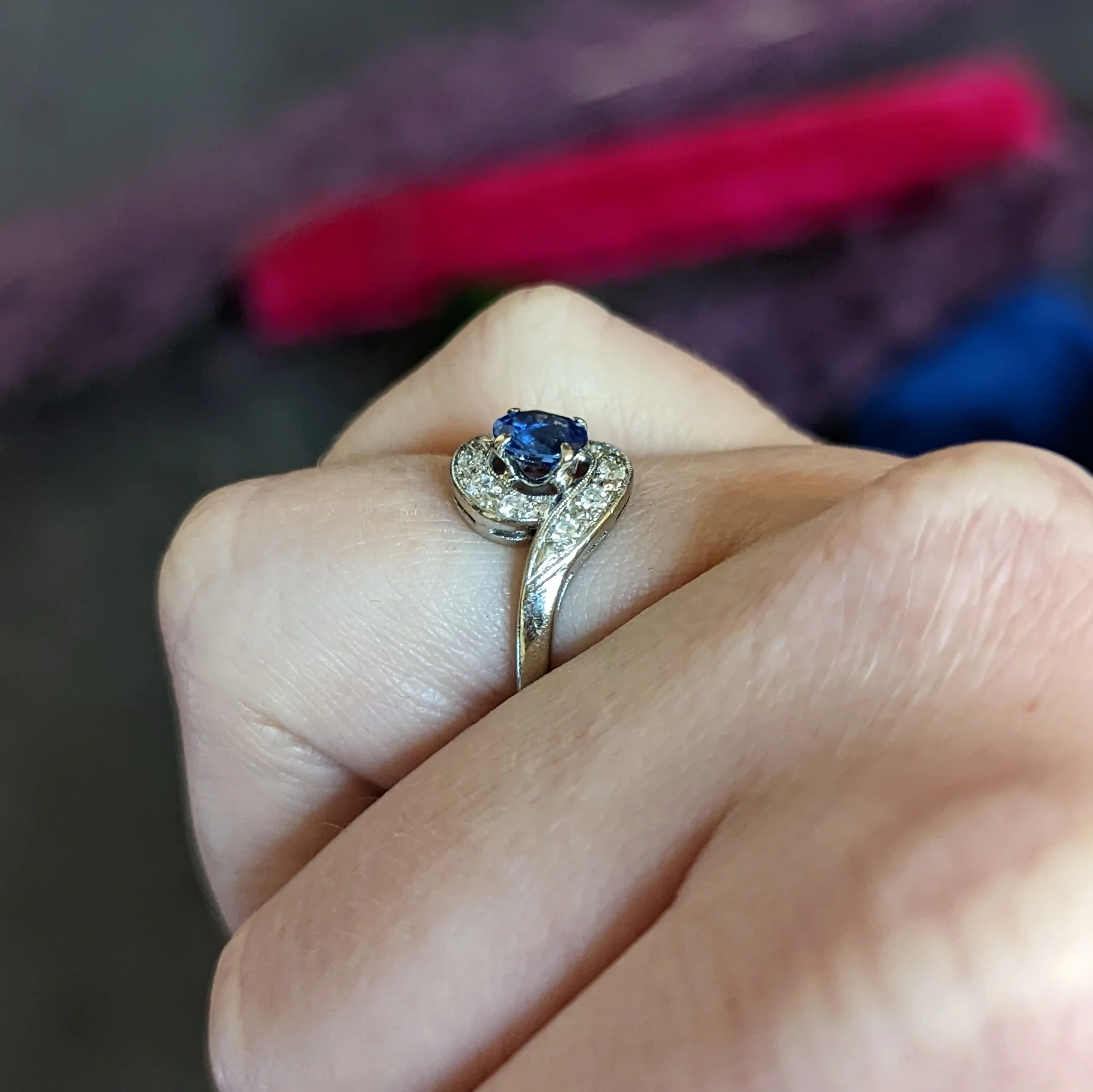 Mid-Century 0.75 CTW Sapphire Diamond 14 Karat White Gold Bypass Ring - Image 13