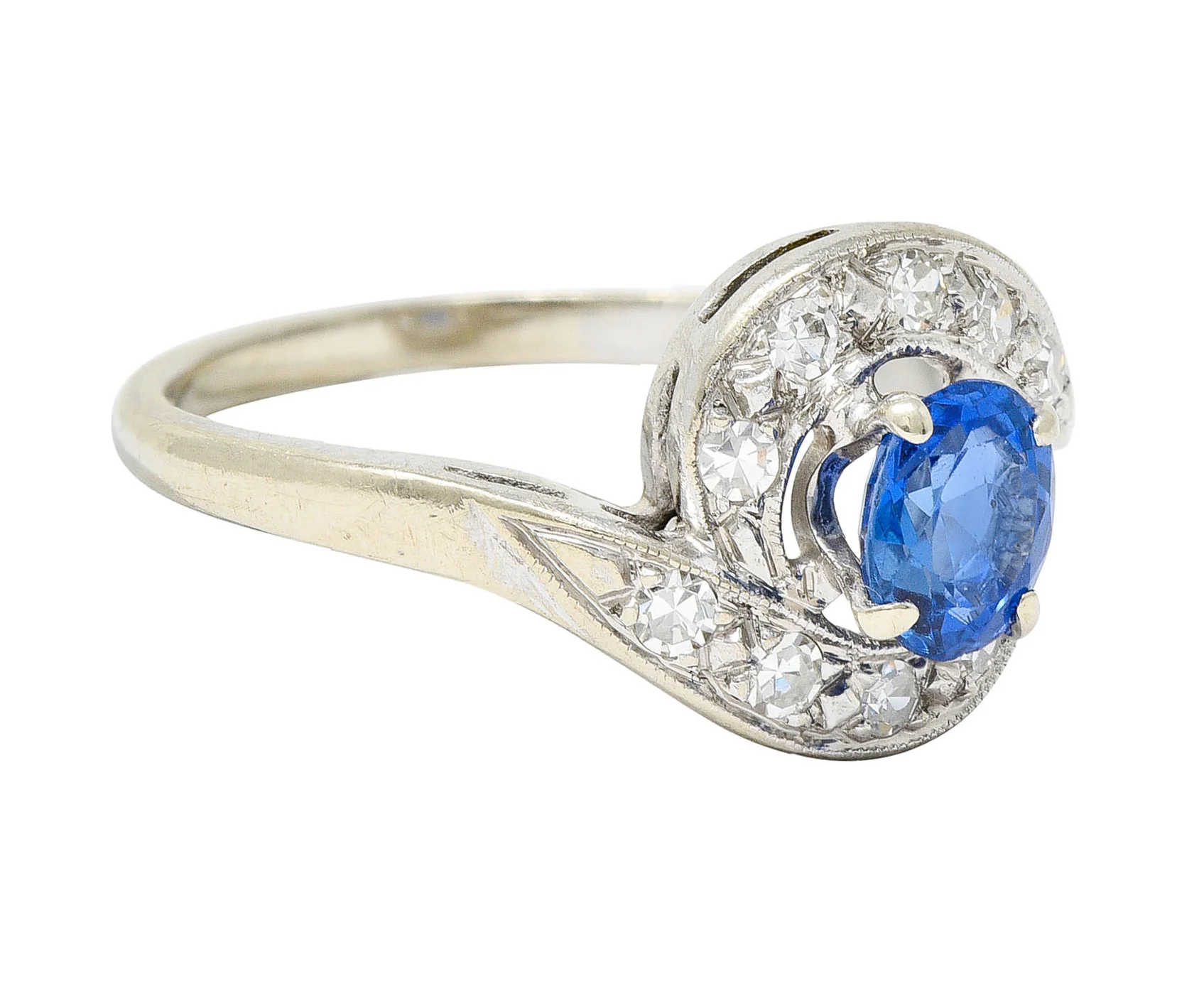 Mid-Century 0.75 CTW Sapphire Diamond 14 Karat White Gold Bypass Ring - Image 2