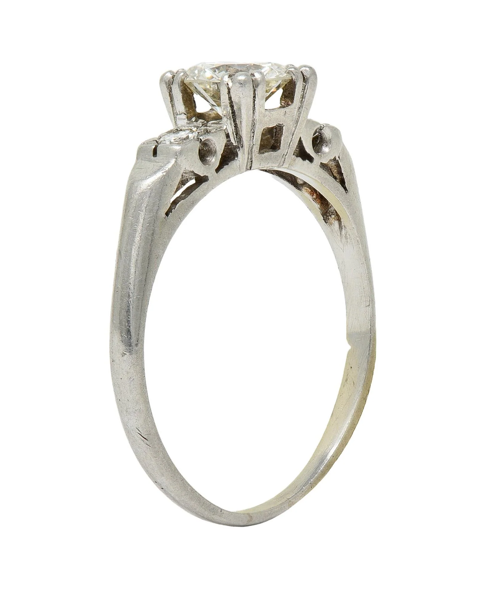 Mid-Century 0.85 CTW Diamond Platinum Vintage Fishtail Engagement Ring - Image 11