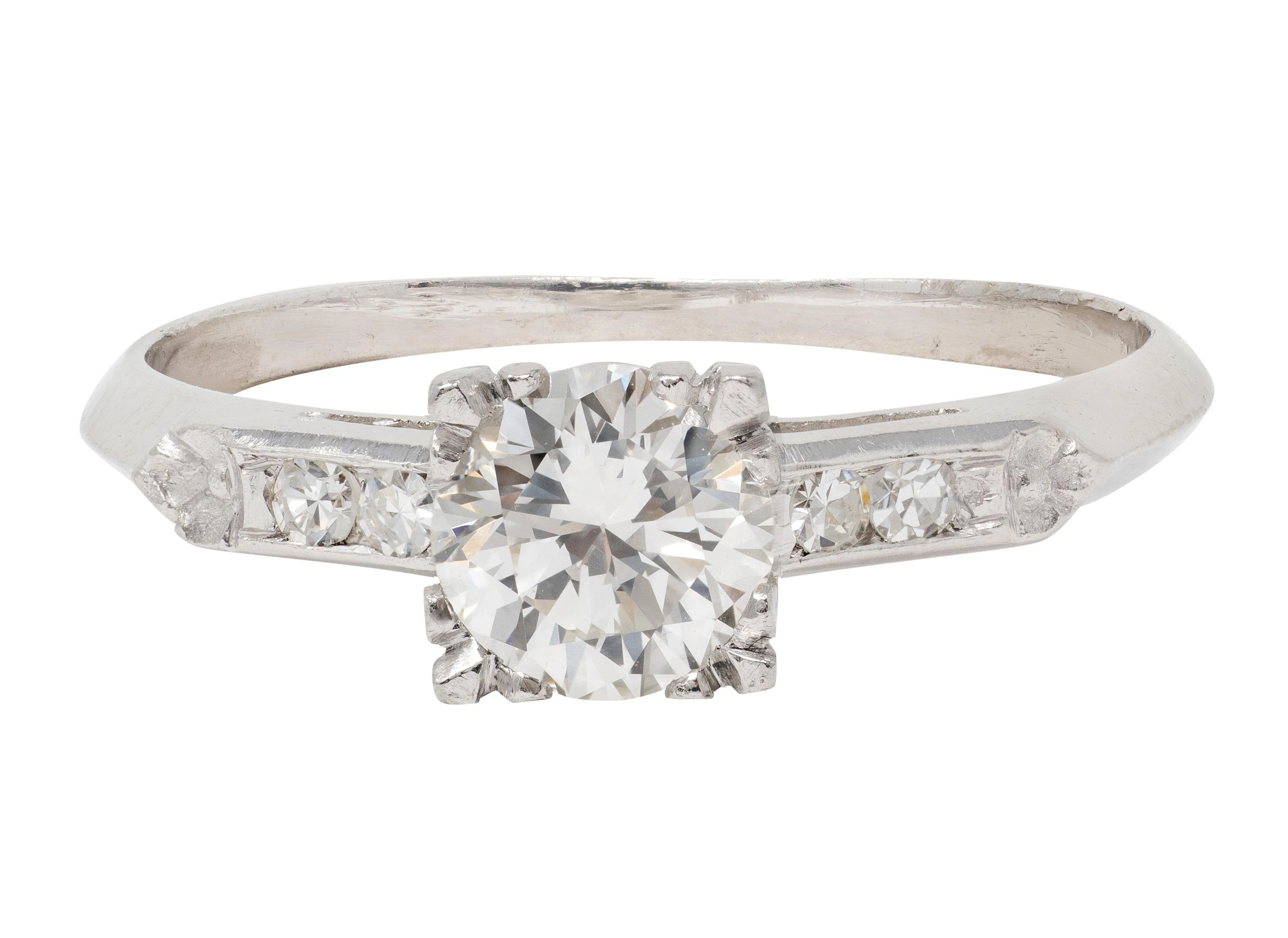 Mid-Century 0.94 CTW Transitional Cut Diamond Platinum Vintage Knife Edge Engagement Ring