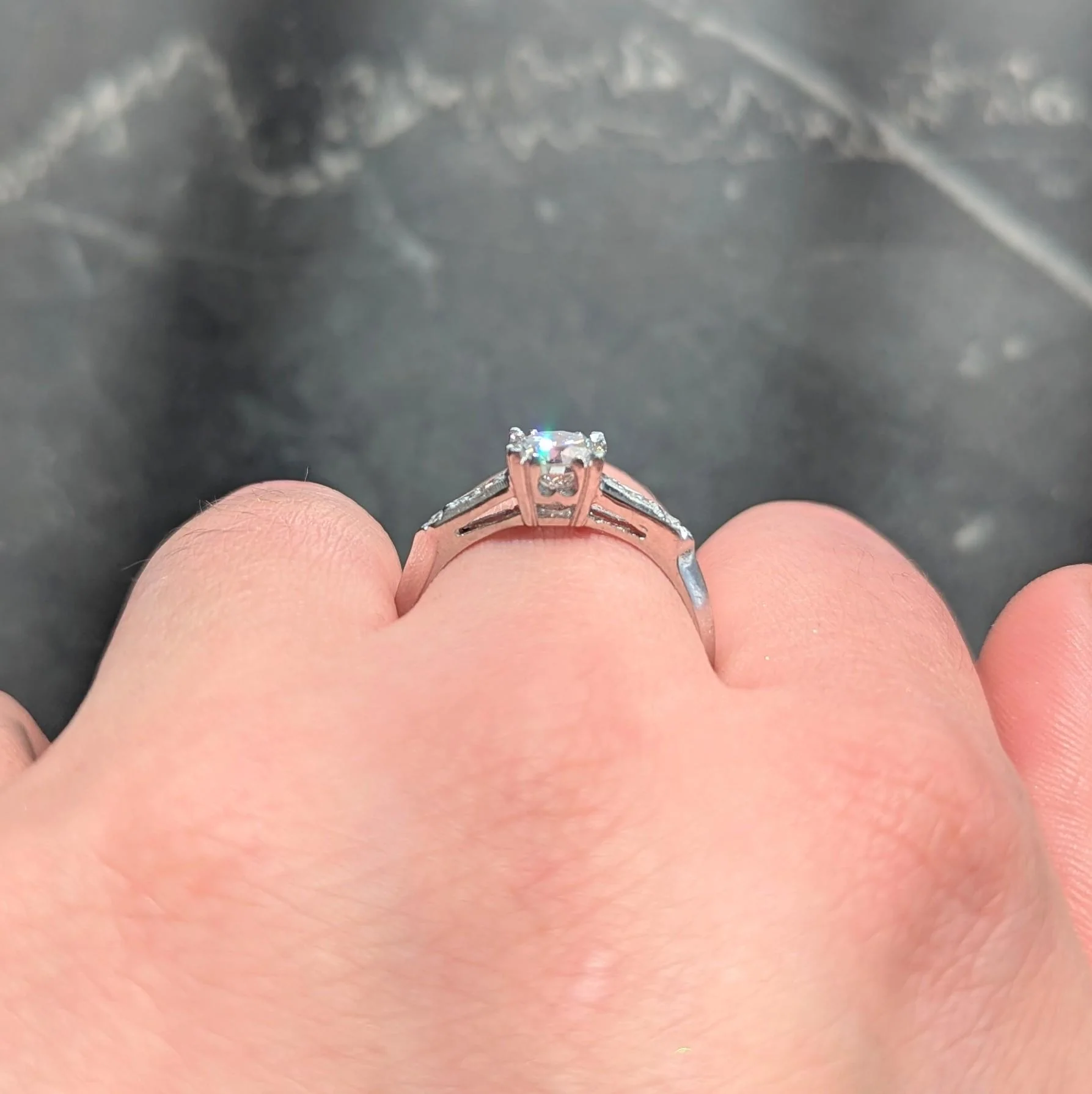Mid-Century 0.94 CTW Transitional Cut Diamond Platinum Vintage Knife Edge Engagement Ring - Image 11