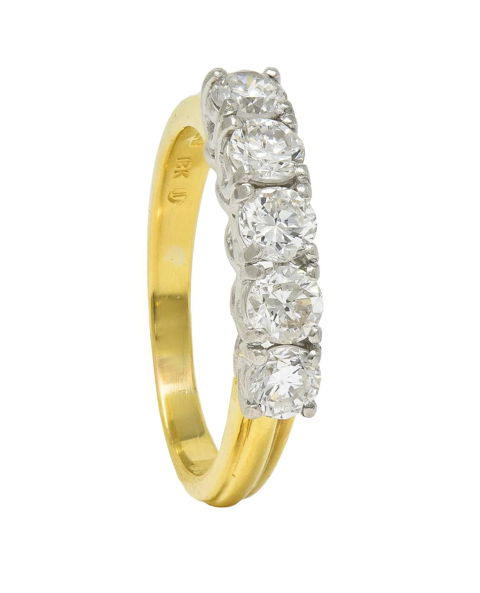 Mid-Century 1.00 CTW Diamond Platinum 18 Karat Yellow Gold Vintage Five Stone Band Ring - Image 11