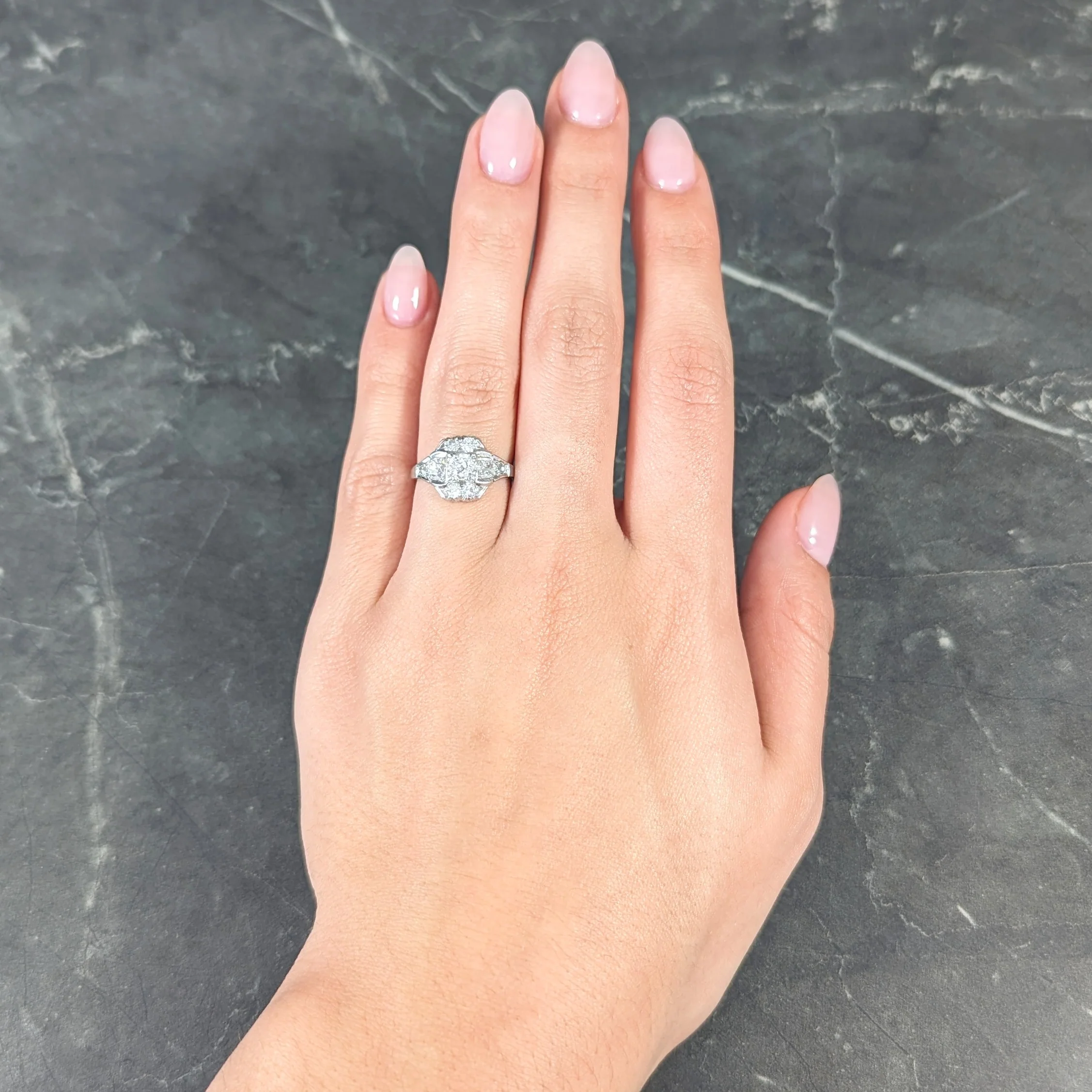 Mid-Century 1.11 CTW Old European Cut Diamond Platinum Quatrefoil Vintage Cluster Dinner Ring - Image 10
