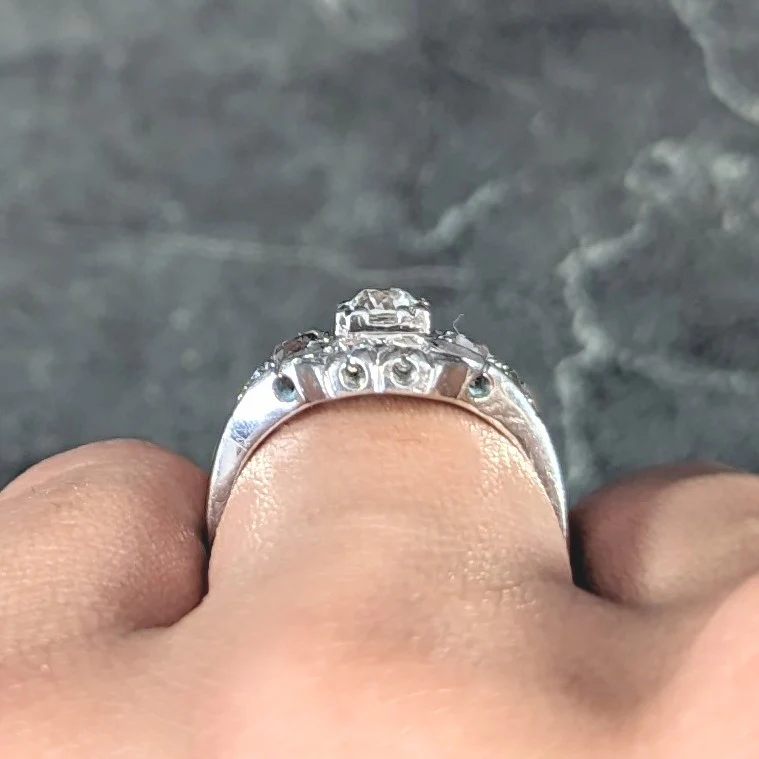 Mid-Century 1.11 CTW Old European Cut Diamond Platinum Quatrefoil Vintage Cluster Dinner Ring - Image 11