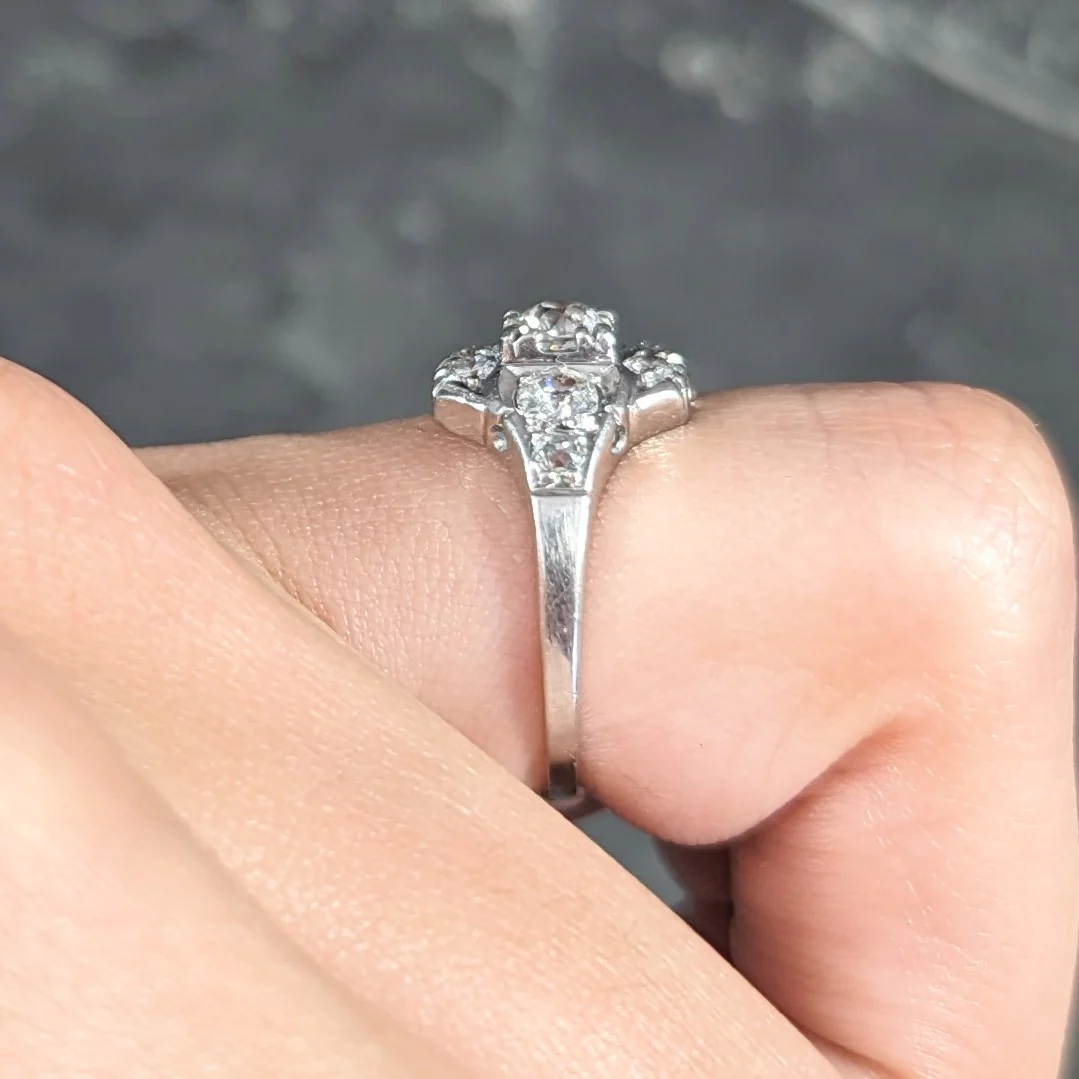 Mid-Century 1.11 CTW Old European Cut Diamond Platinum Quatrefoil Vintage Cluster Dinner Ring - Image 12