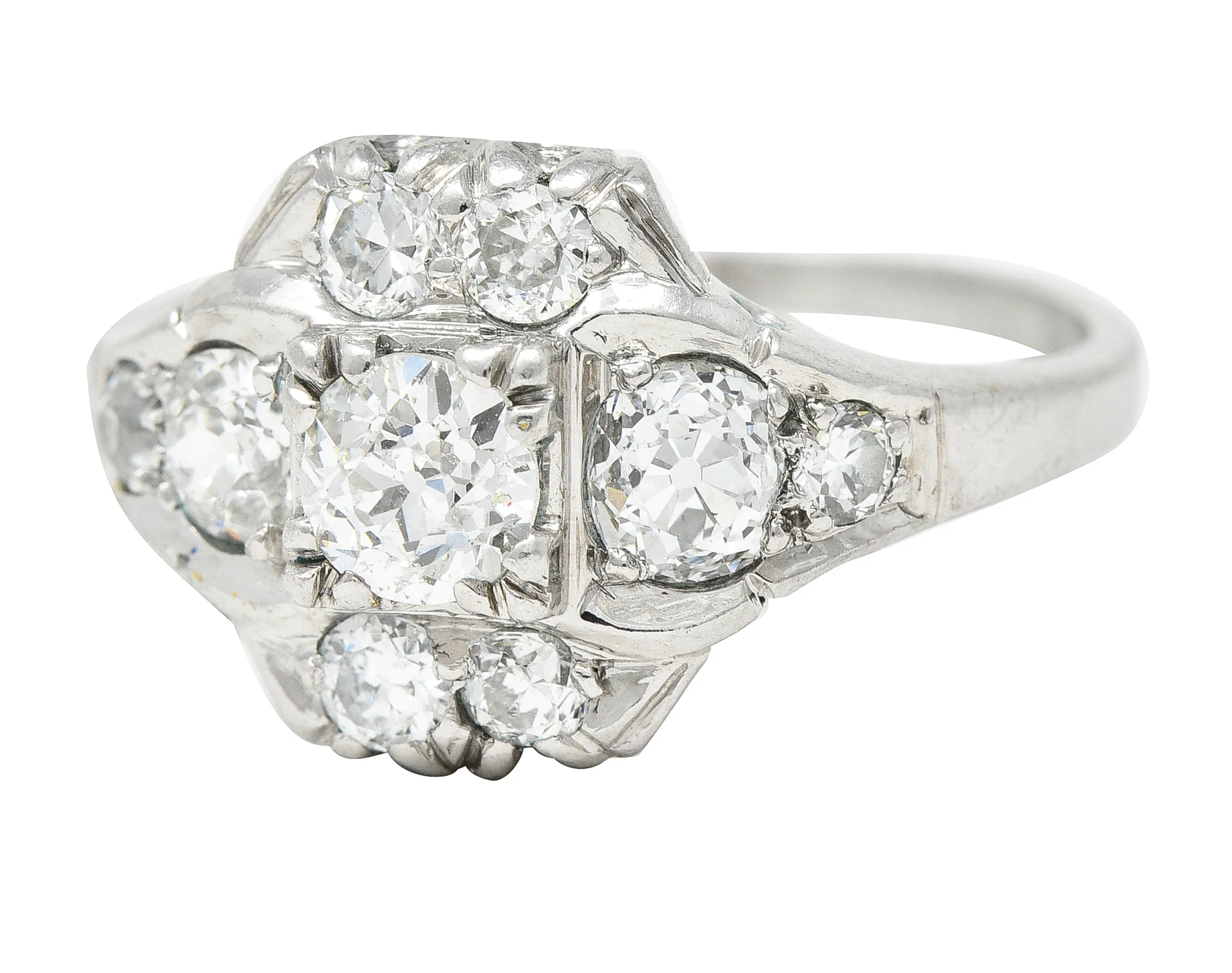 Mid-Century 1.11 CTW Old European Cut Diamond Platinum Quatrefoil Vintage Cluster Dinner Ring - Image 6
