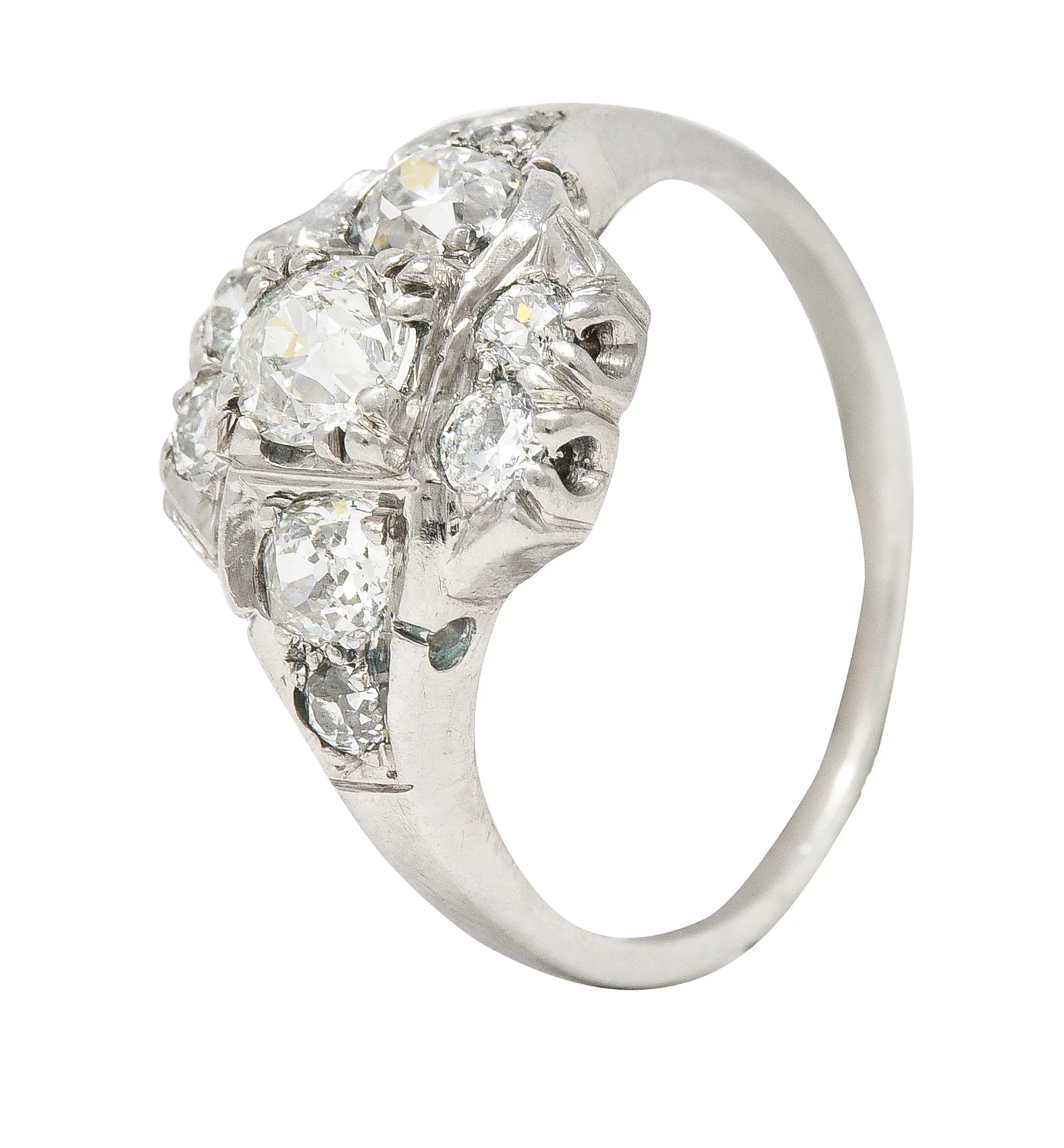 Mid-Century 1.11 CTW Old European Cut Diamond Platinum Quatrefoil Vintage Cluster Dinner Ring - Image 7