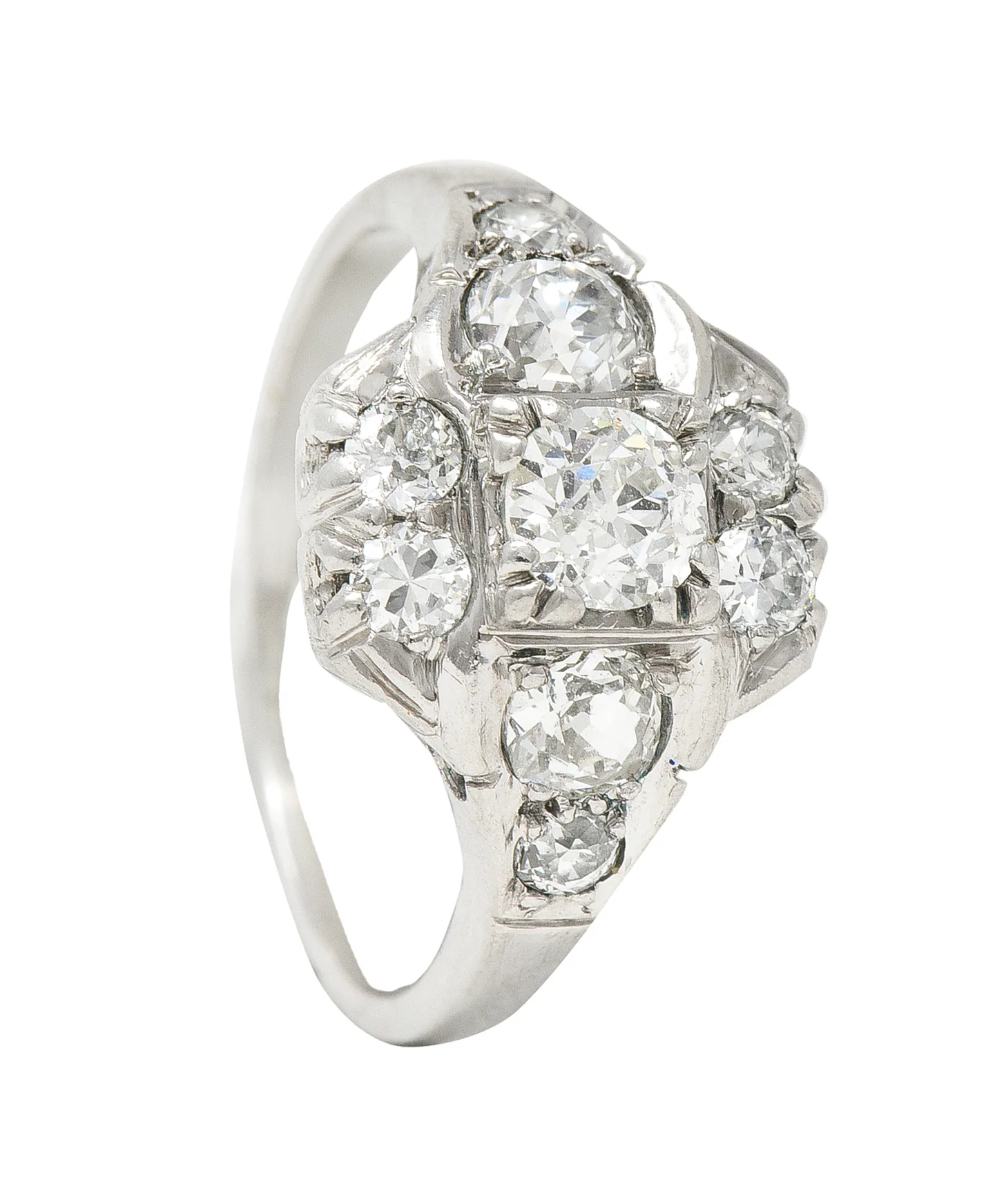 Mid-Century 1.11 CTW Old European Cut Diamond Platinum Quatrefoil Vintage Cluster Dinner Ring - Image 9
