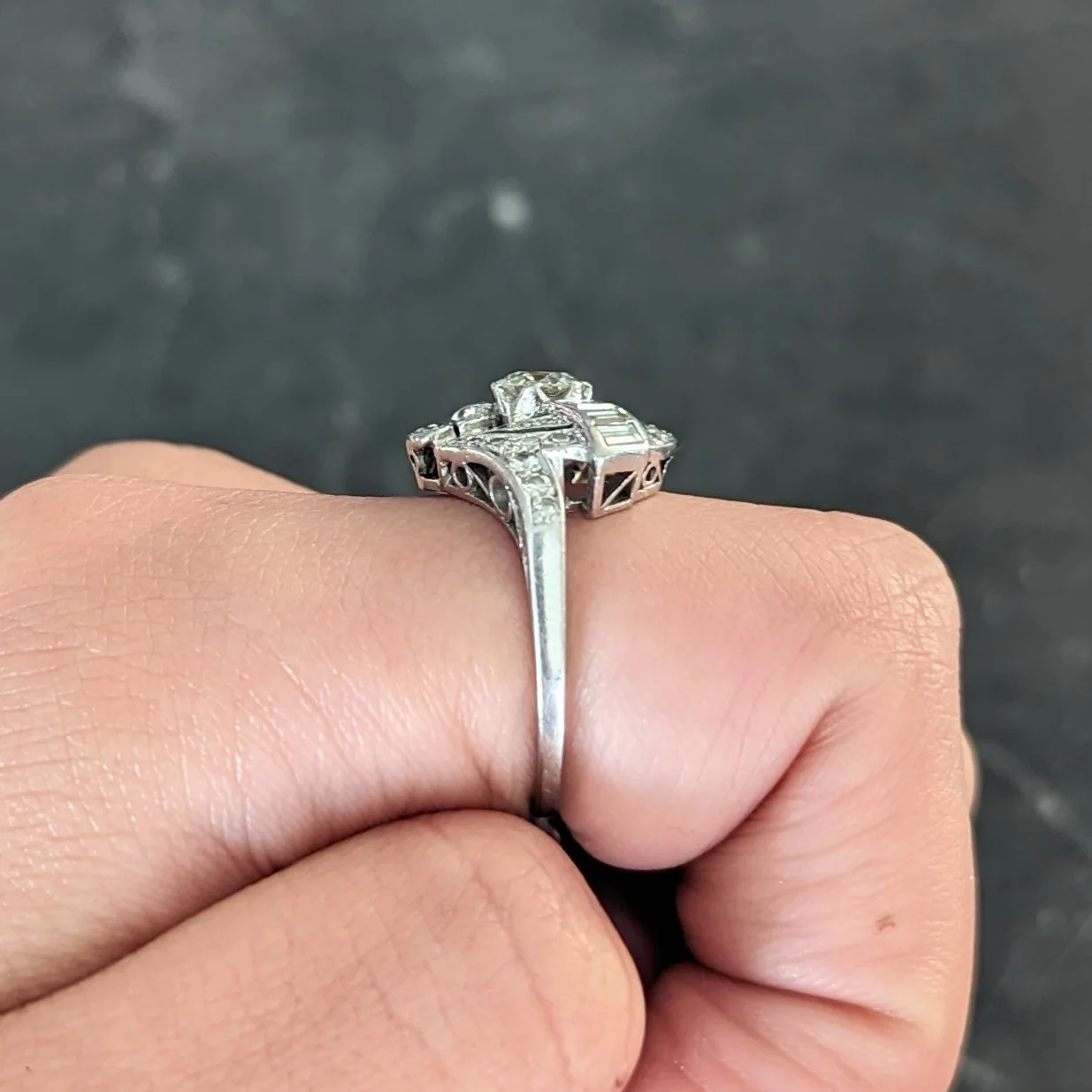 Mid-Century 1.33 CTW Old European Cut Diamond Platinum Swirl Bypass Ring - Image 11
