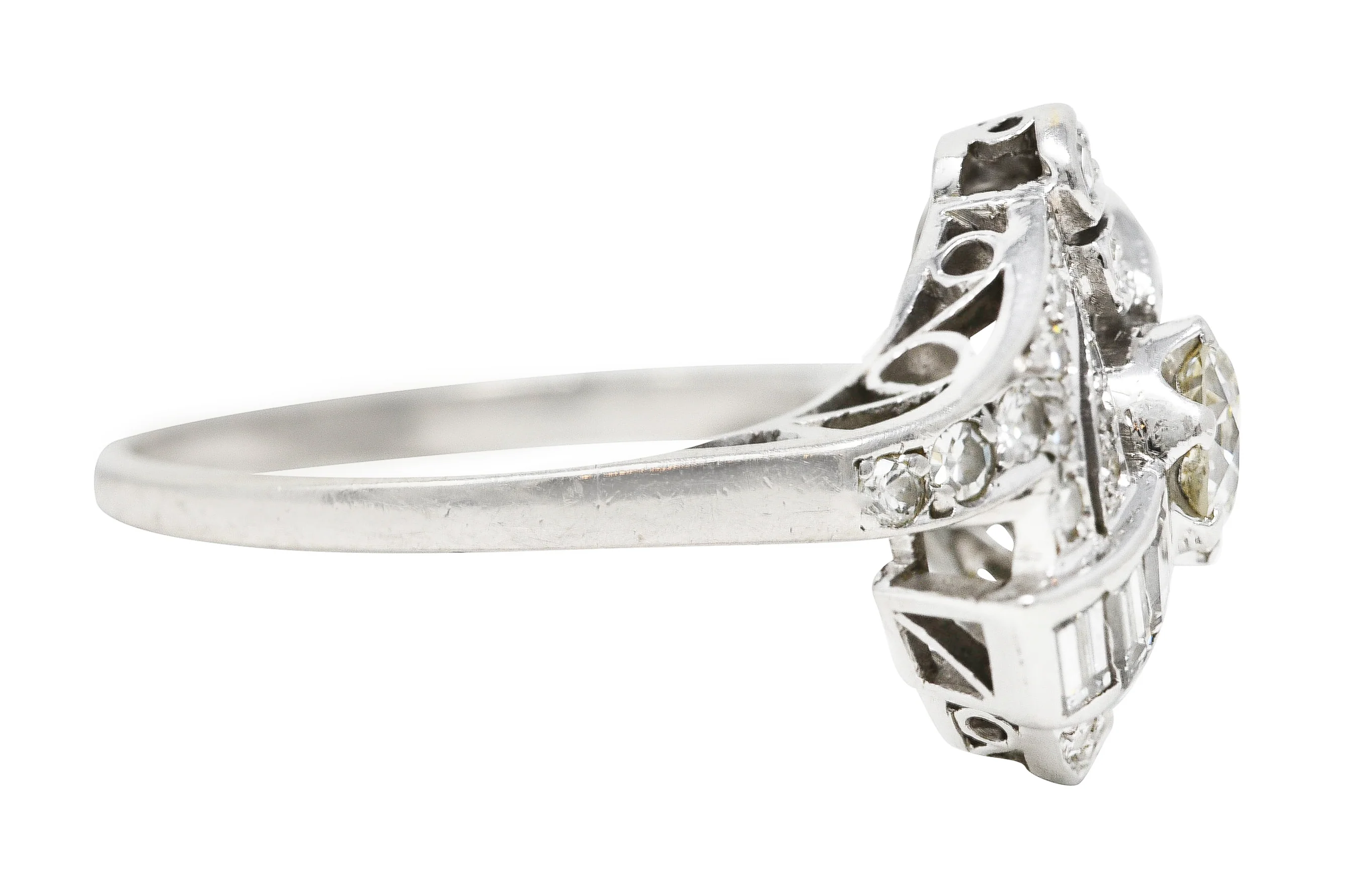 Mid-Century 1.33 CTW Old European Cut Diamond Platinum Swirl Bypass Ring - Image 3