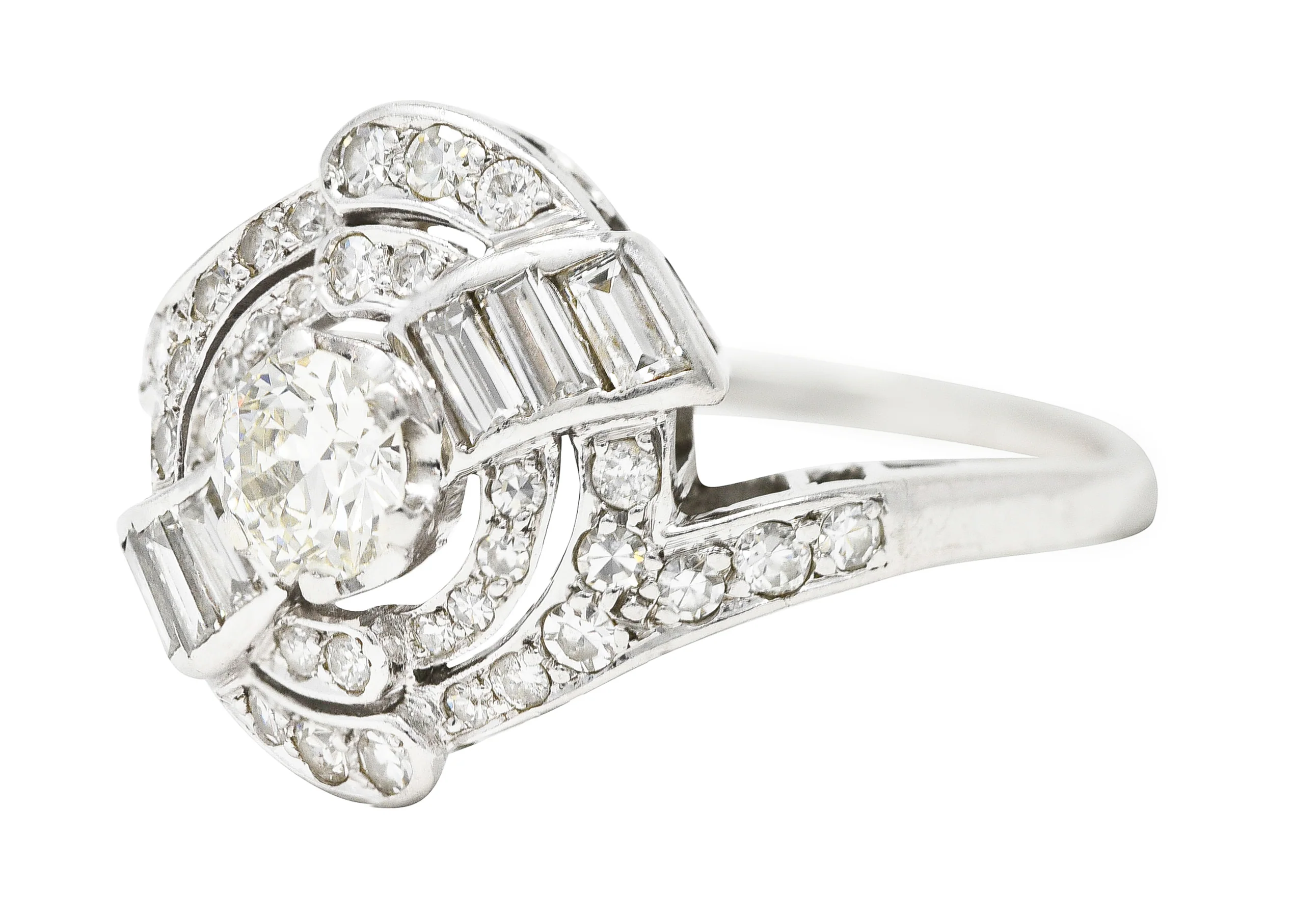 Mid-Century 1.33 CTW Old European Cut Diamond Platinum Swirl Bypass Ring - Image 6