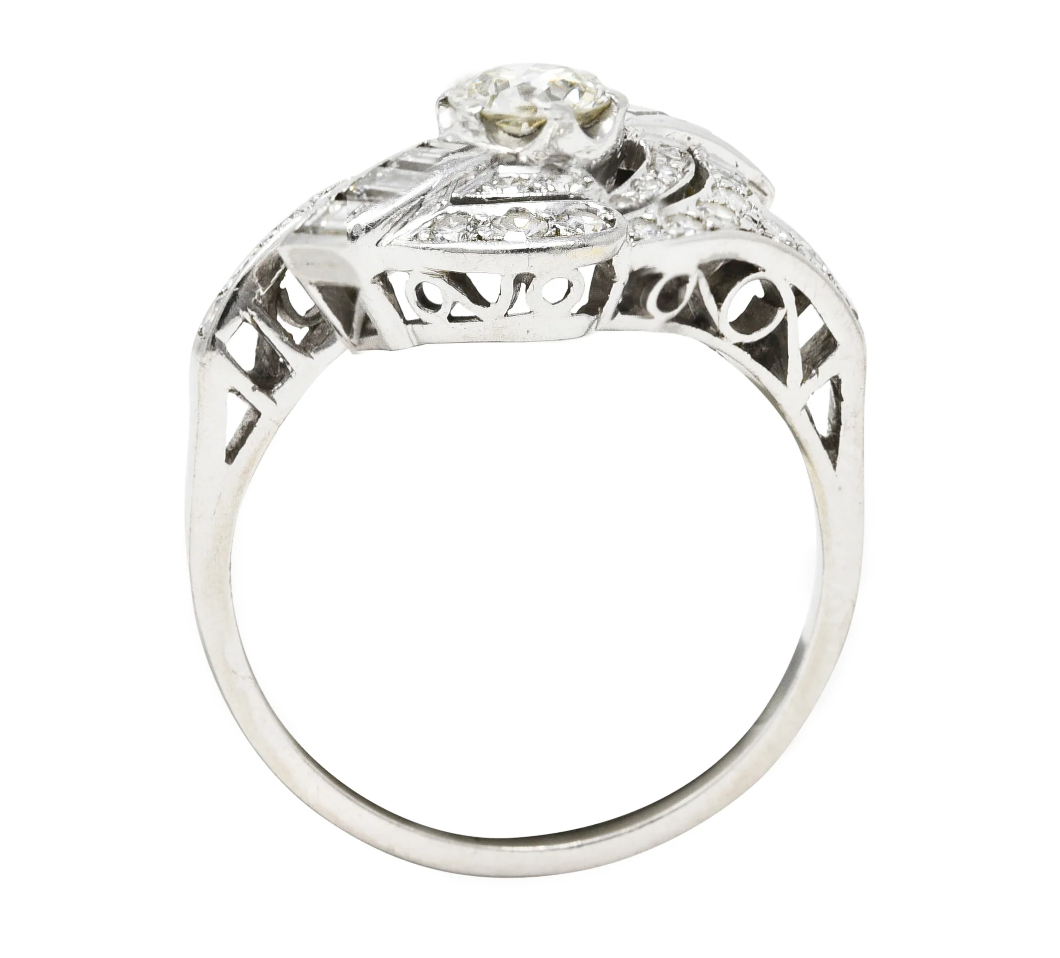 Mid-Century 1.33 CTW Old European Cut Diamond Platinum Swirl Bypass Ring - Image 7