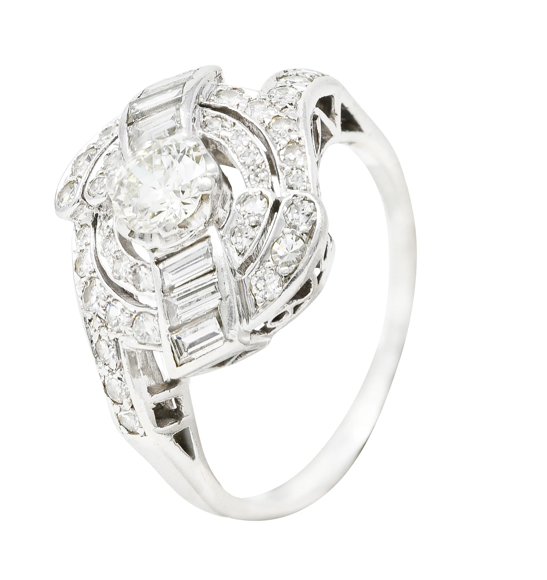 Mid-Century 1.33 CTW Old European Cut Diamond Platinum Swirl Bypass Ring - Image 8