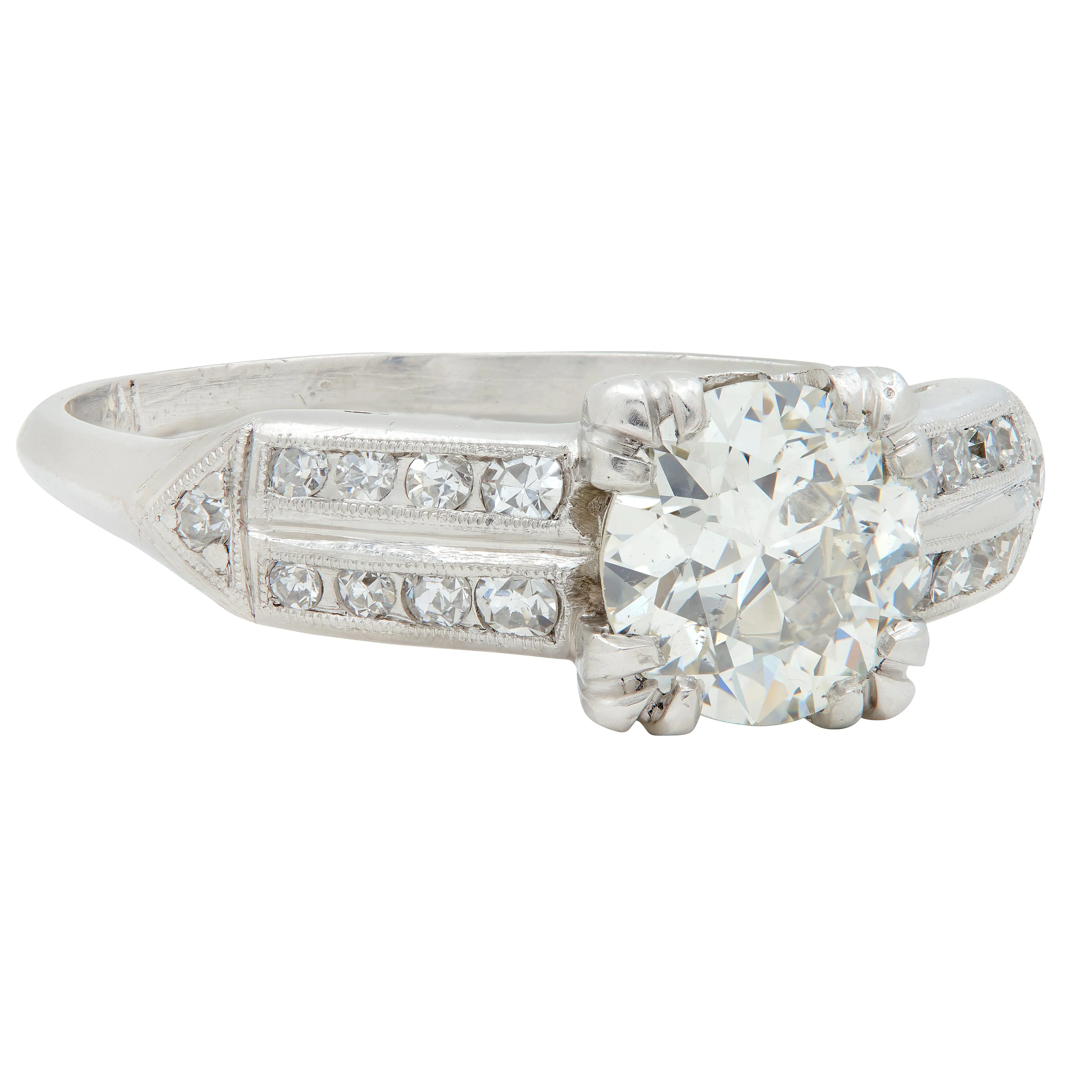 Mid-Century 1.37 CTW Old European Cut Diamond Platinum Arrow Vintage Engagement Ring GIA - Image 3